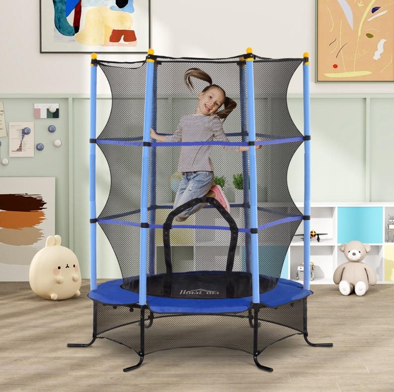 Kindertrampolin Ø163 Cm Aus Stahl, Blau, Mit Netz, Für Innen- Und Außenbereich – Meubliv