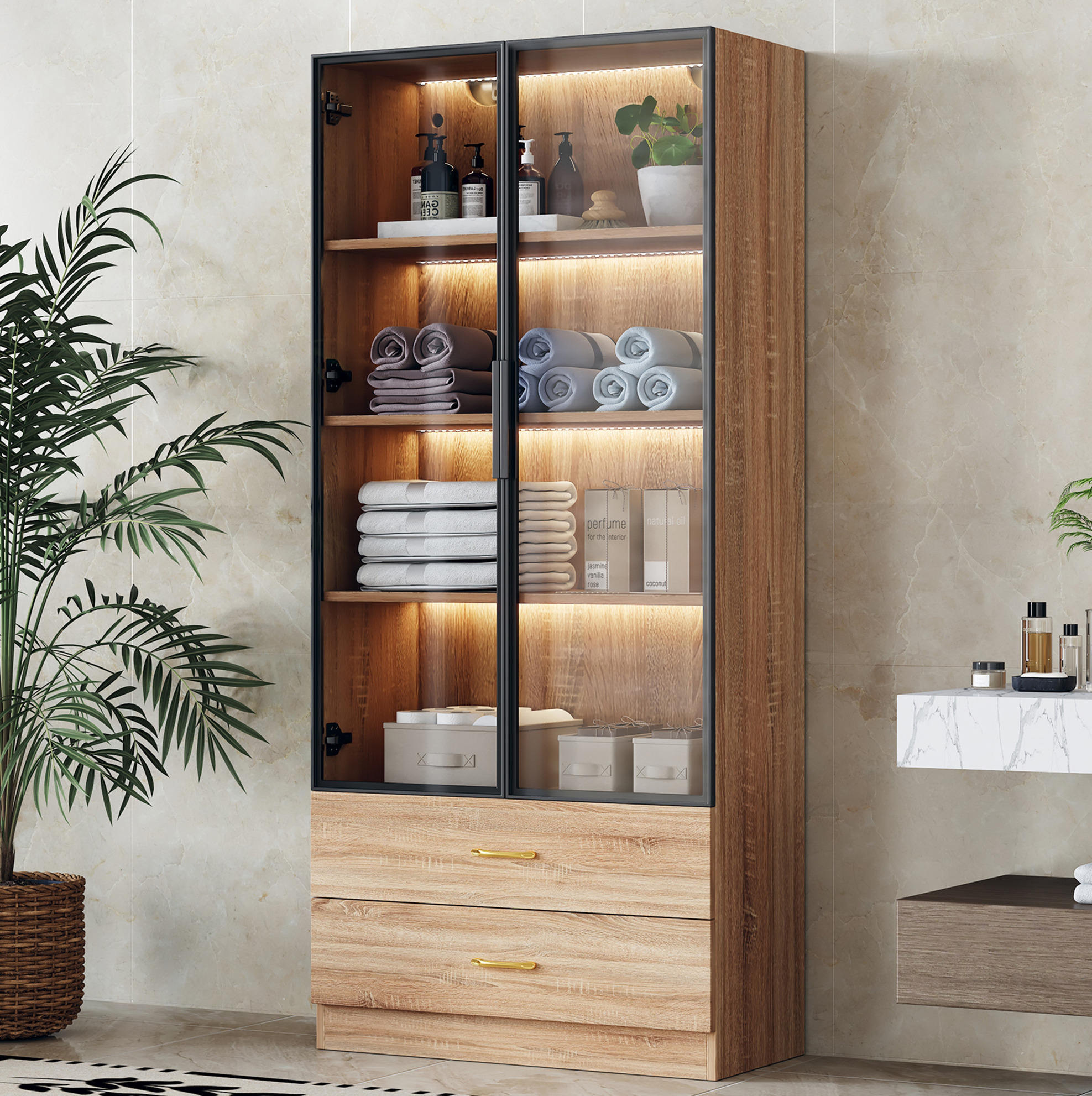 Badezimmerschrank 75 X 34,5 X 170 Cm Aus Braunem Mdf, Glastür, Platzsparend – Meubliv