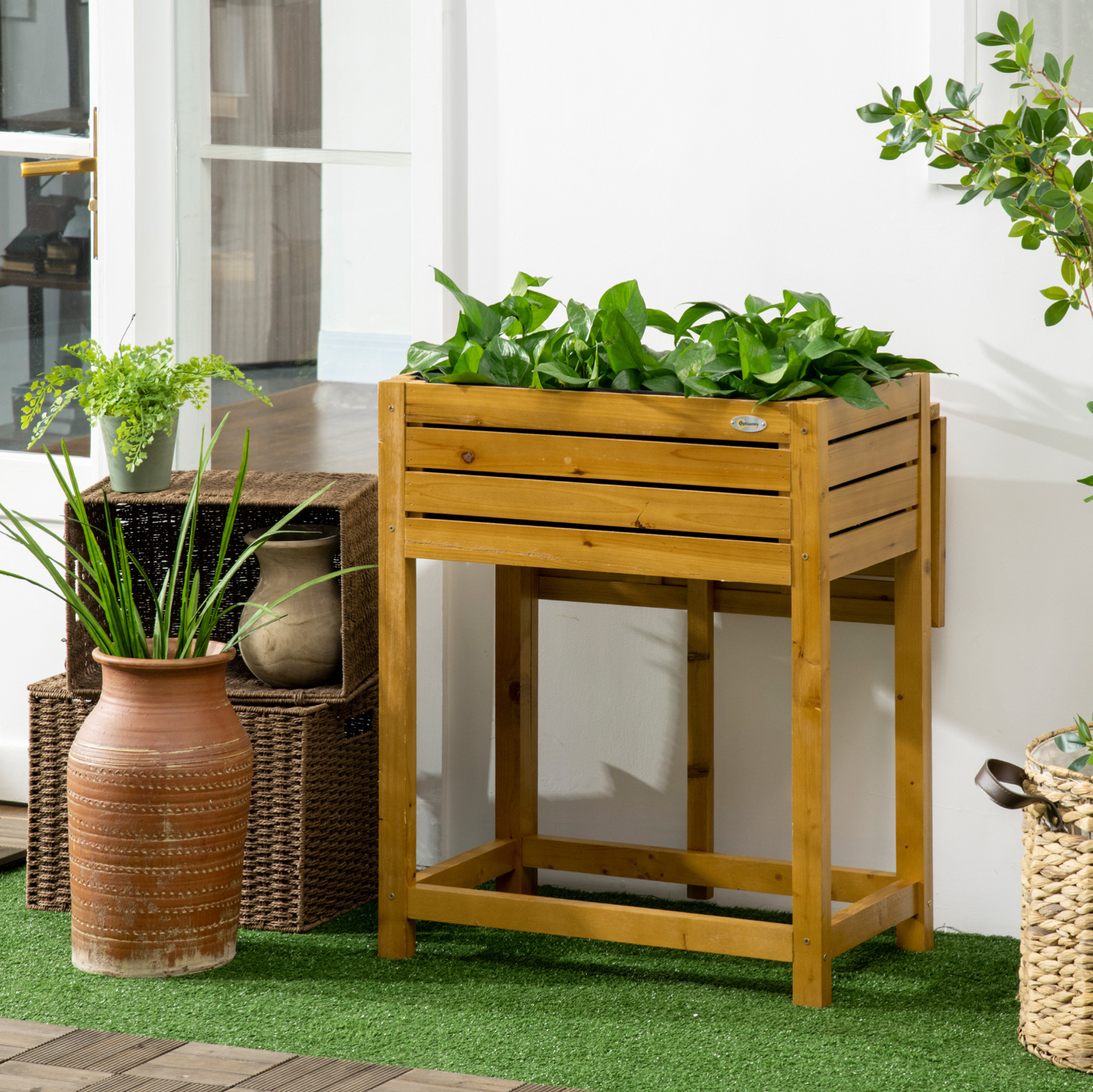 Hochbeet-pflanztisch 64x63x74,5 Cm Aus Braunem Holz Mit Klappbarer Ablage