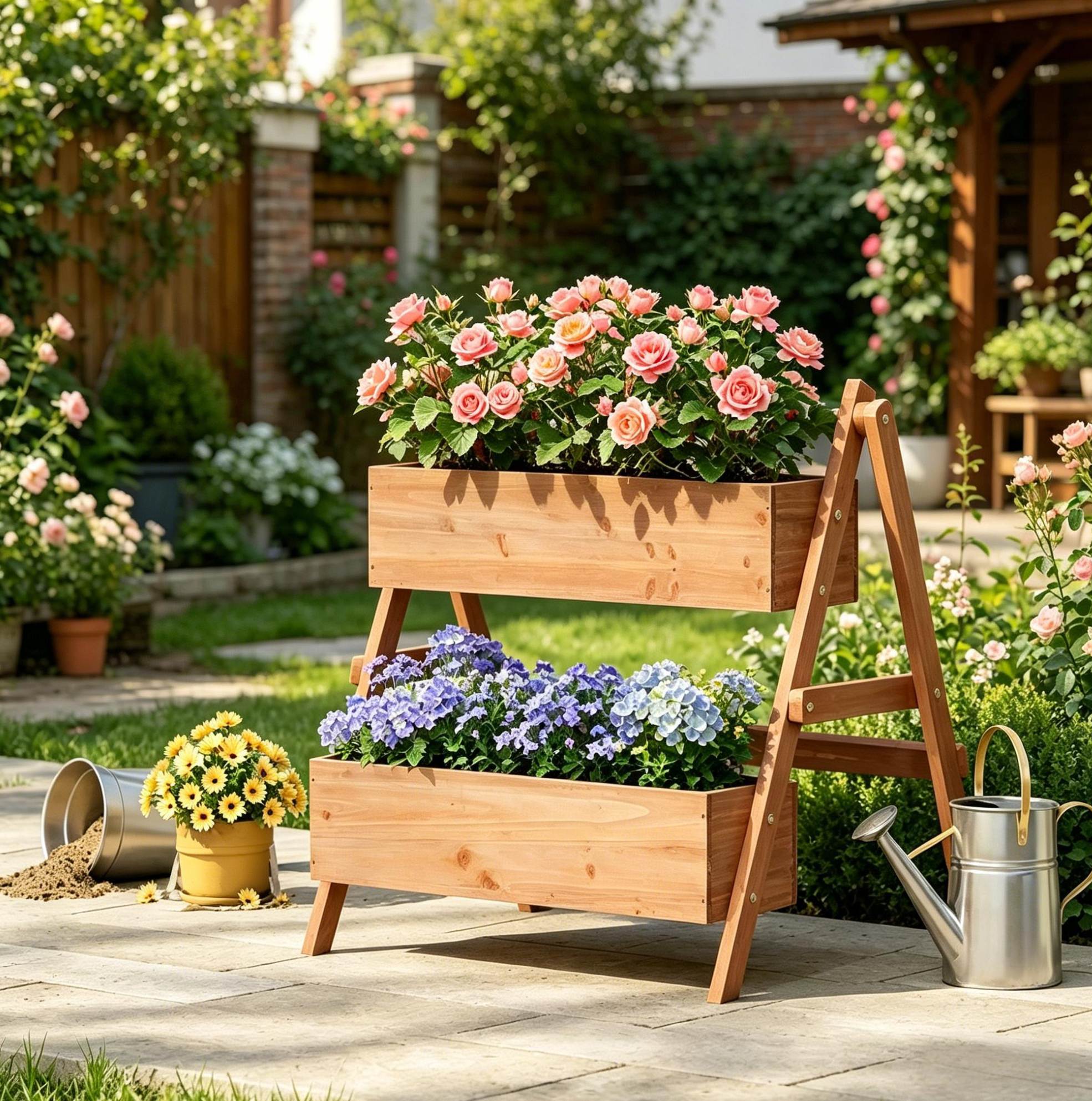 Stufen-pflanzkübel 80x62x68 Cm Aus Braunem Holz, Pflanzkasten Für Den Garten – Meubliv
