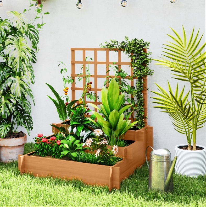 Erhöhtes Hochbeet 95x95x110 Cm Aus Braunem Holz Mit Rankgitter Für Garten – Meubliv
