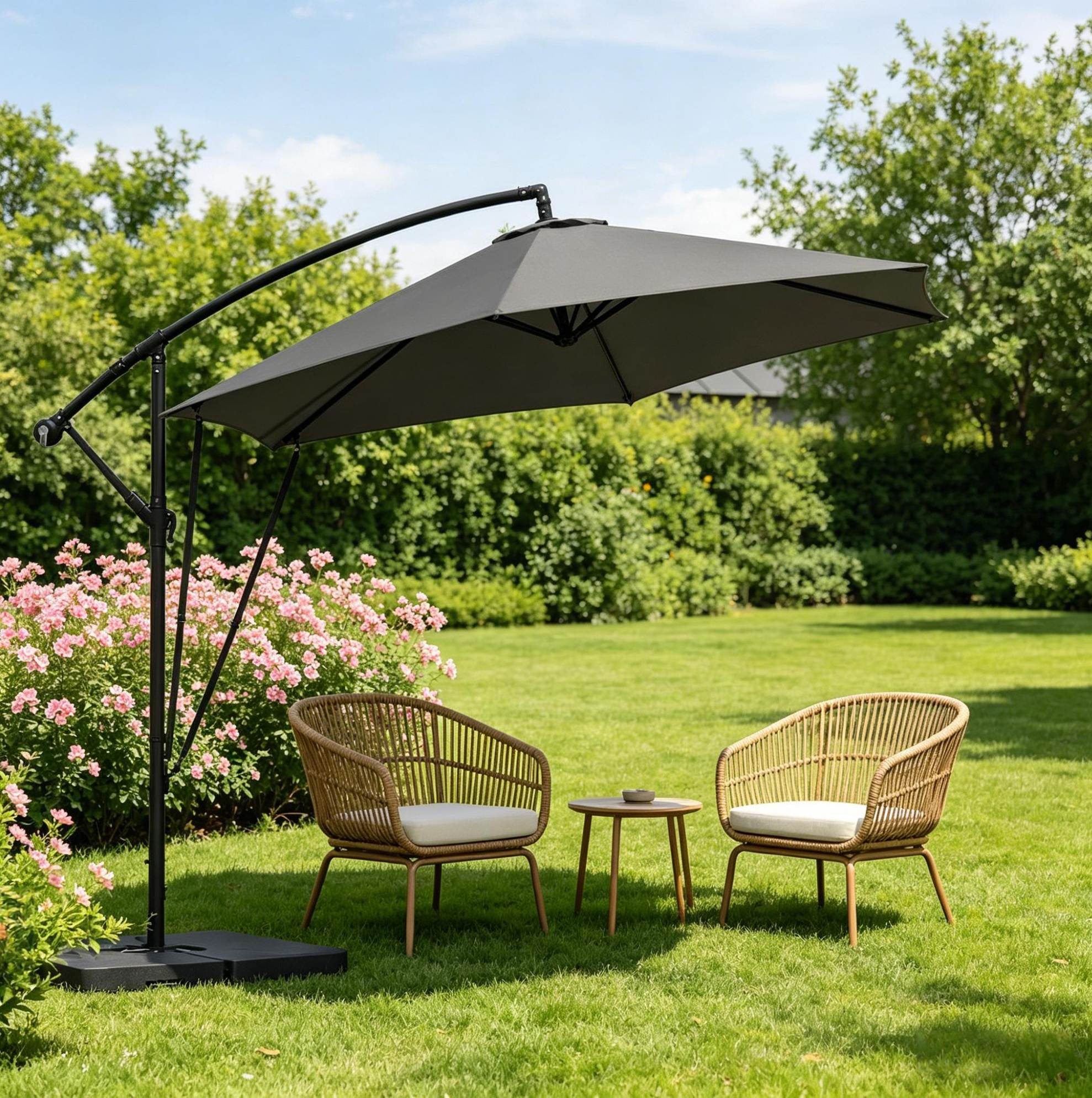 Ampelschirm 310x310x277 Cm Aus Metall Und Polyester, Dunkelgrau, Neigbar Für Terrasse