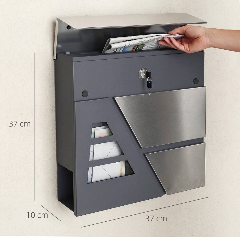 Wandbriefkasten 37 X 10 X 37 Cm Aus Dunkelgrauem Metall Mit Zeitungsfach – Meubliv
