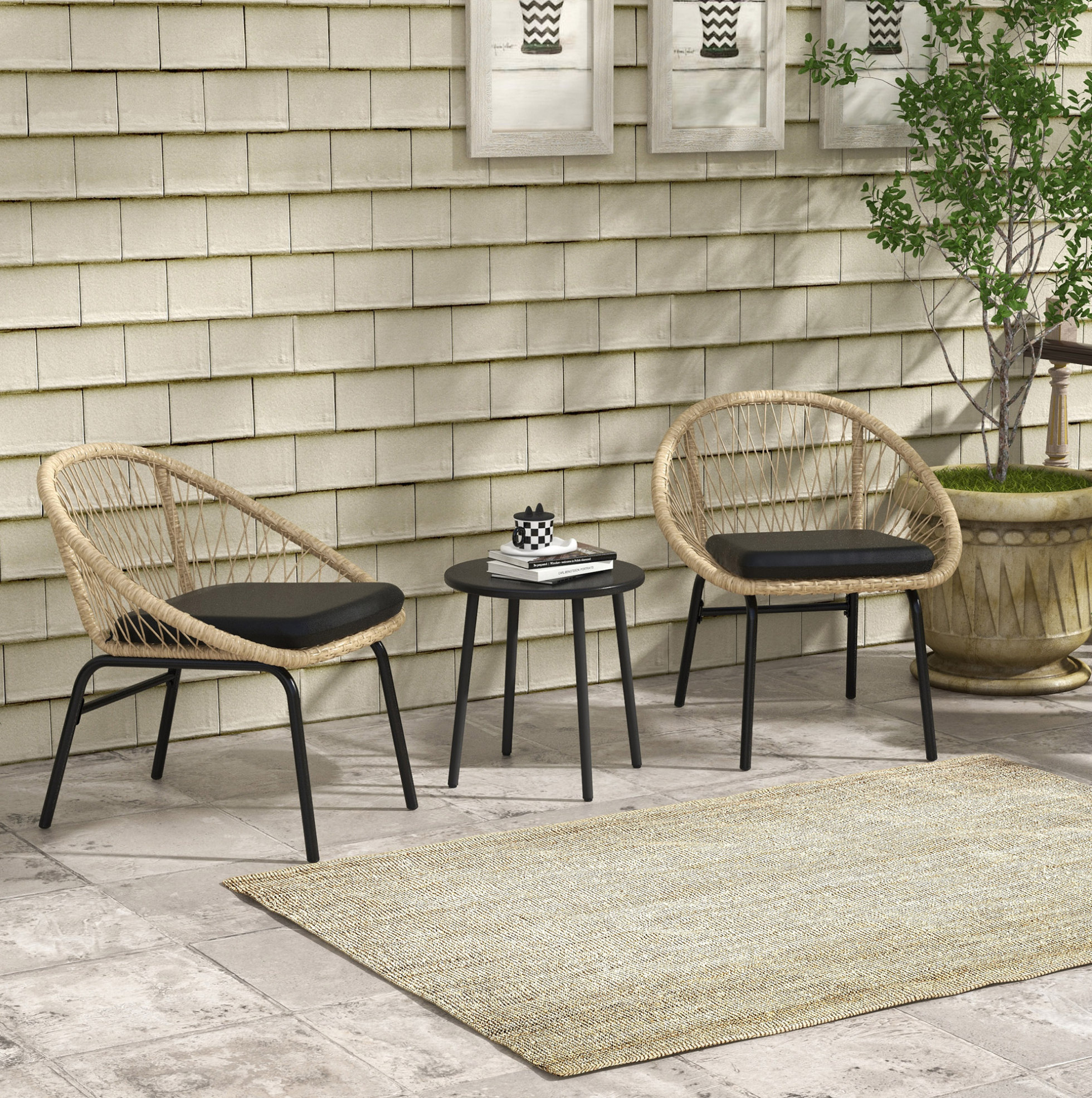 3-teiliges Gartenmöbel-set Aus Gelbem Rattan Mit Kissen Für Balkon – Meubliv