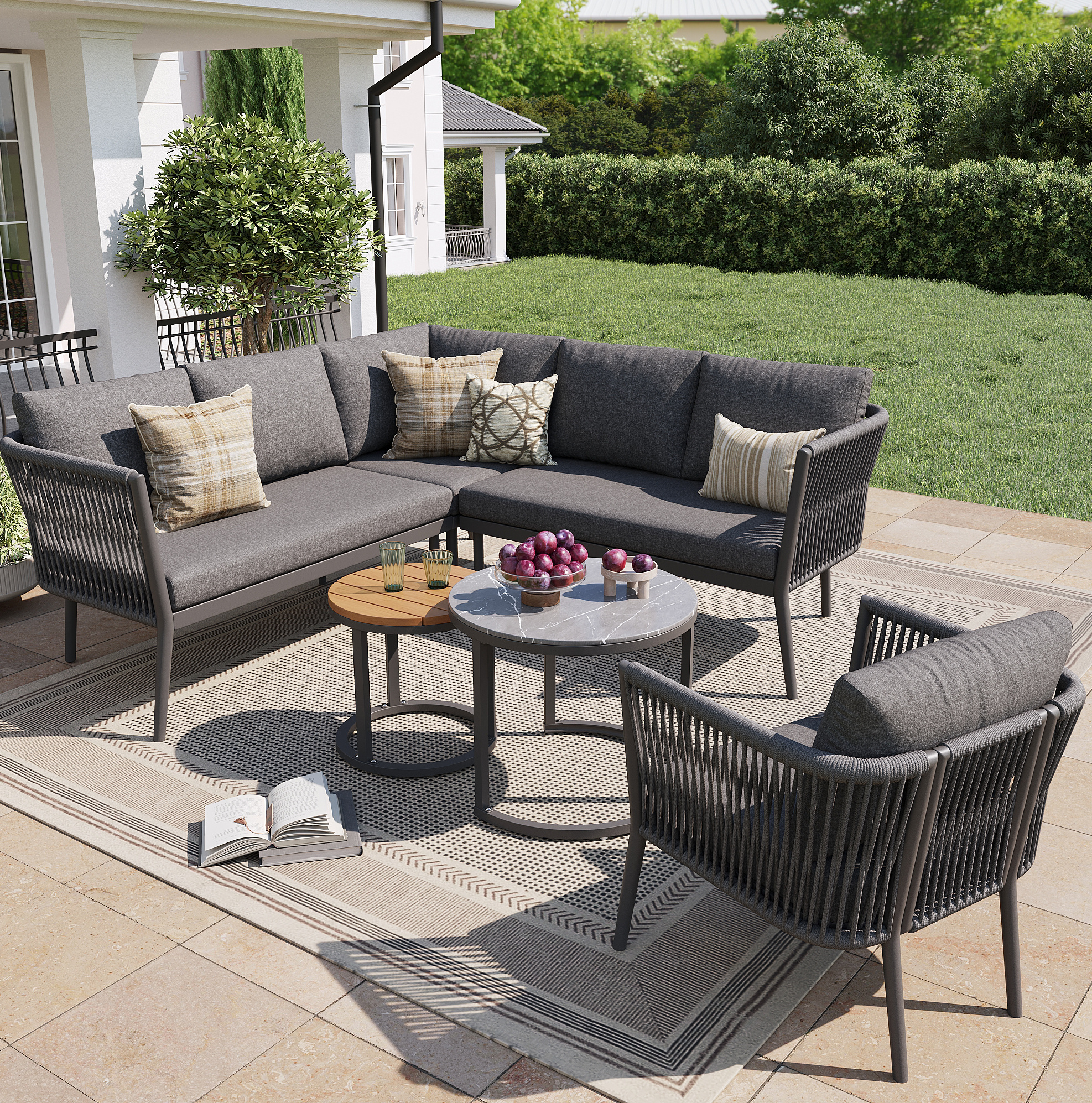 Salon De Jardin Modulable 6 Pièces Gris Métal Olefin 114,5x61x67 Cm Pour Terrasse