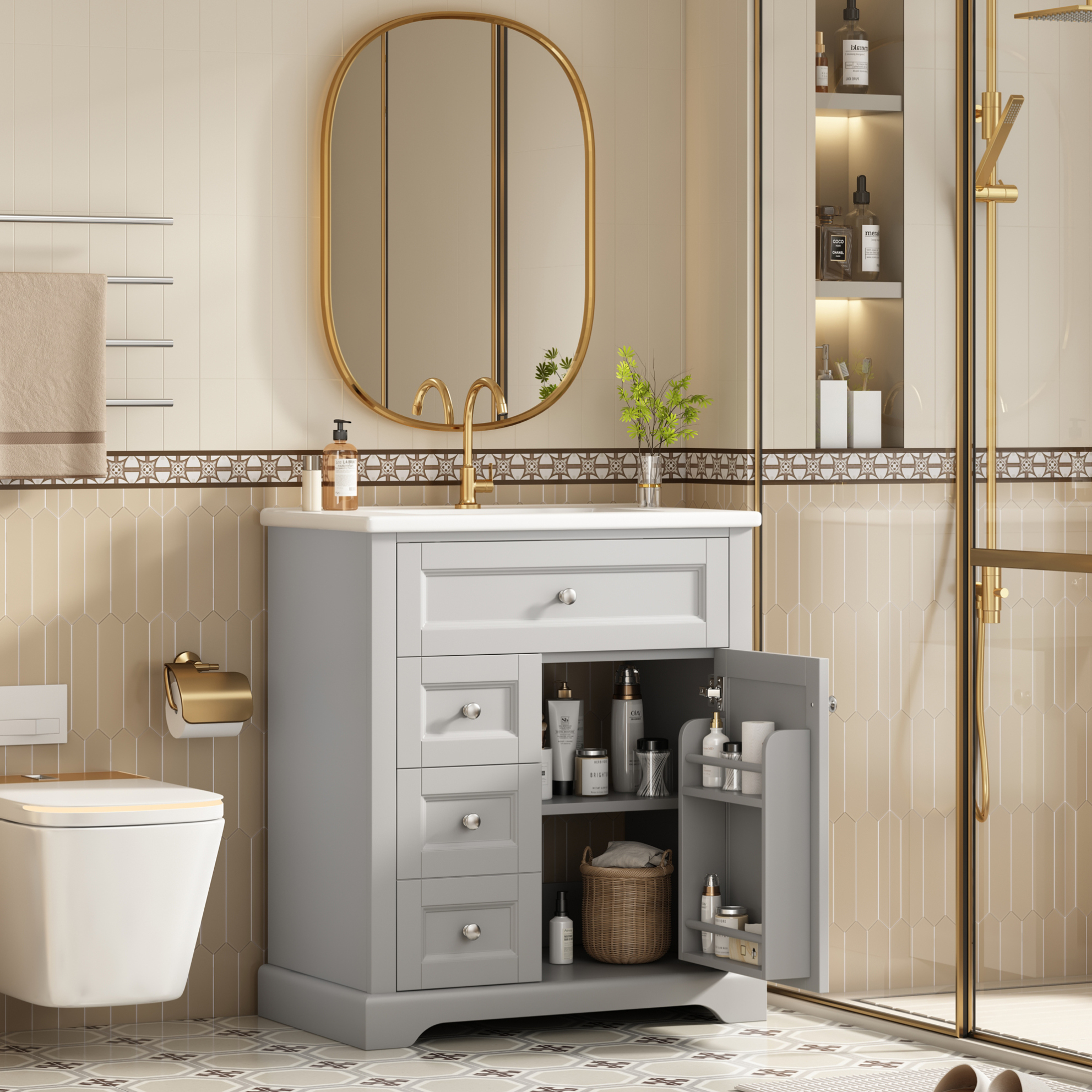 Meuble Vasque 76x46x87 Cm Mdf Céramique Gris Rangement Intégré Meubli – Meuble Vasque Salle De Bain