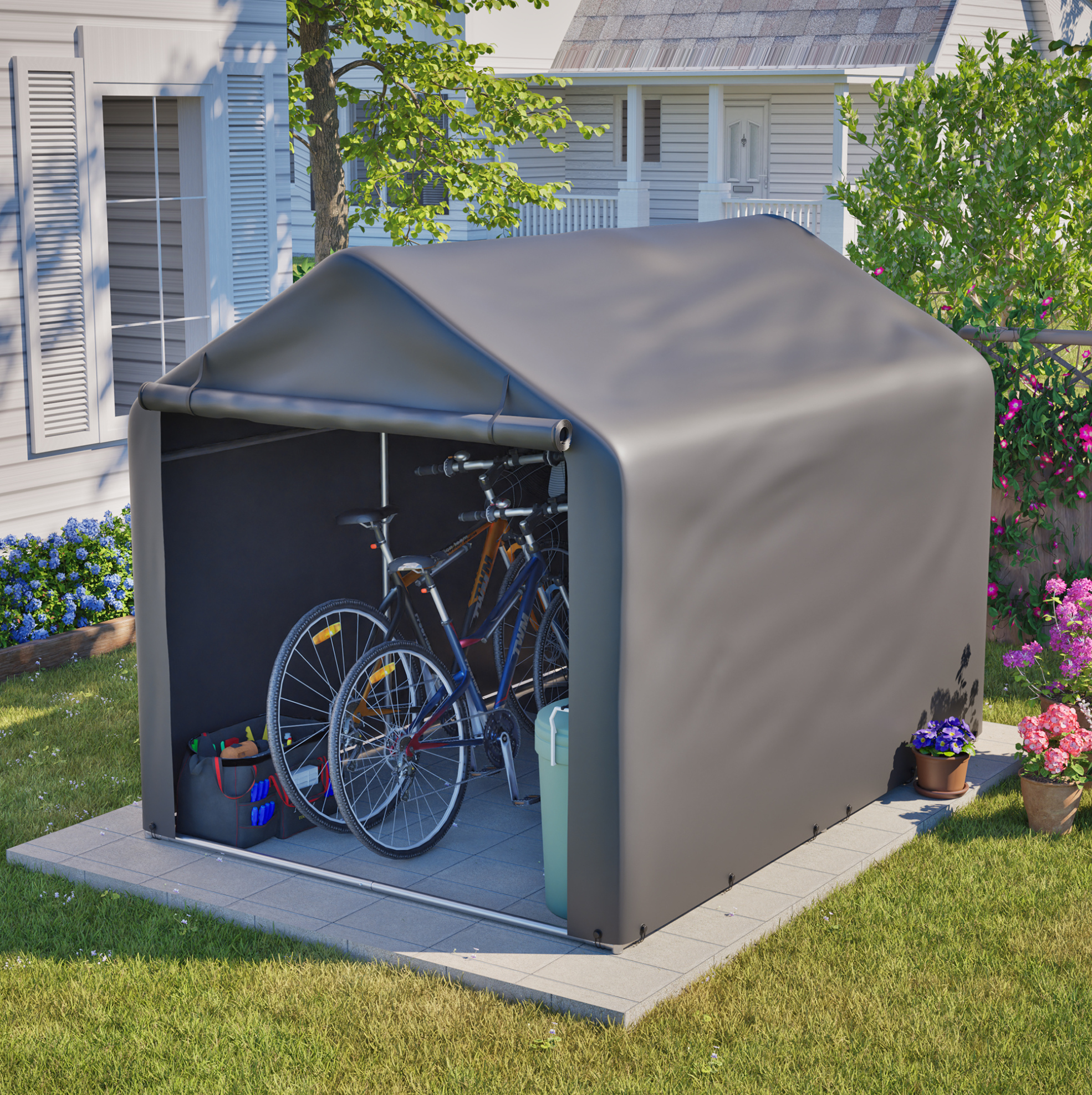 Fahrradgarage 160x220x165 Cm Aus Metall Und Pe In Grau Mit Rolltor Für Den Garten
