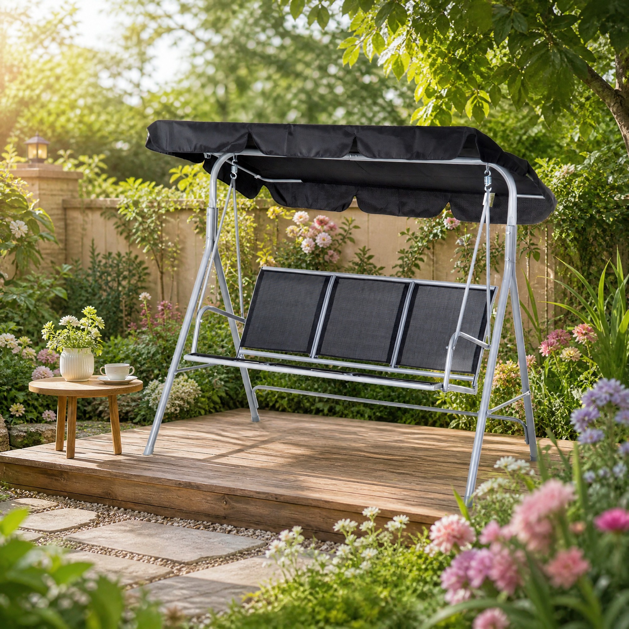 3-sitzer Gartenschaukel 171x108x154 Cm Aus Grauem Metall Mit Sonnendach – Meubliv