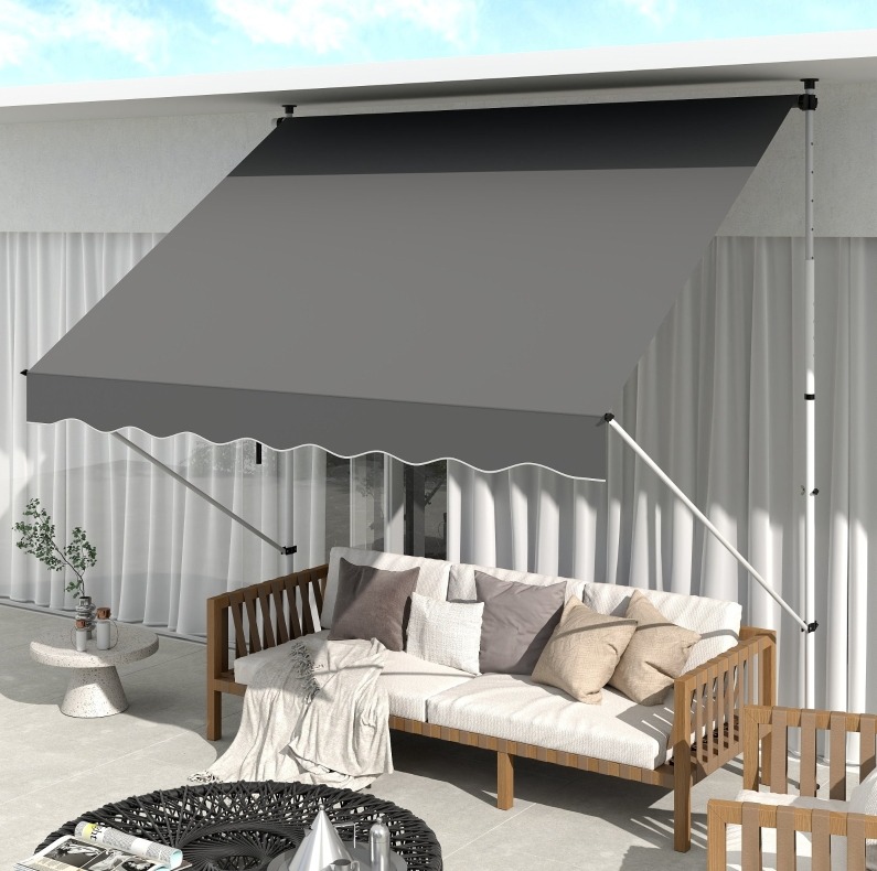 Freistehende Markise 300x150 Cm Aus Grauem Polyester, Mit Kurbel, Für Terrasse – Meubliv