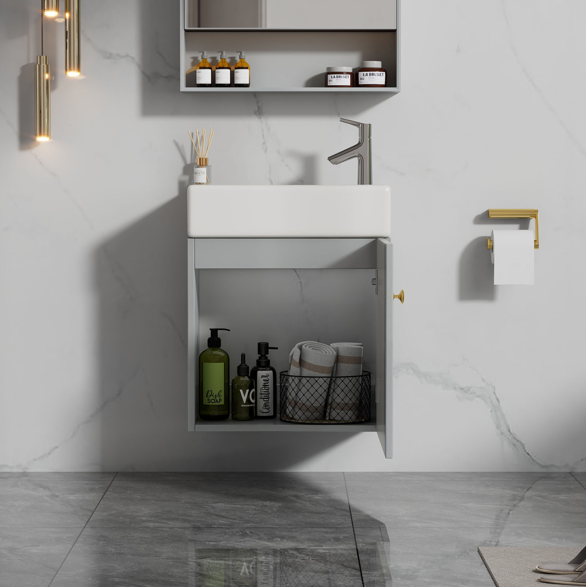 Hängender Waschbeckenunterschrank 46x26x56 Cm Aus Mdf Grau/weiß, Platzsparend – Meubliv