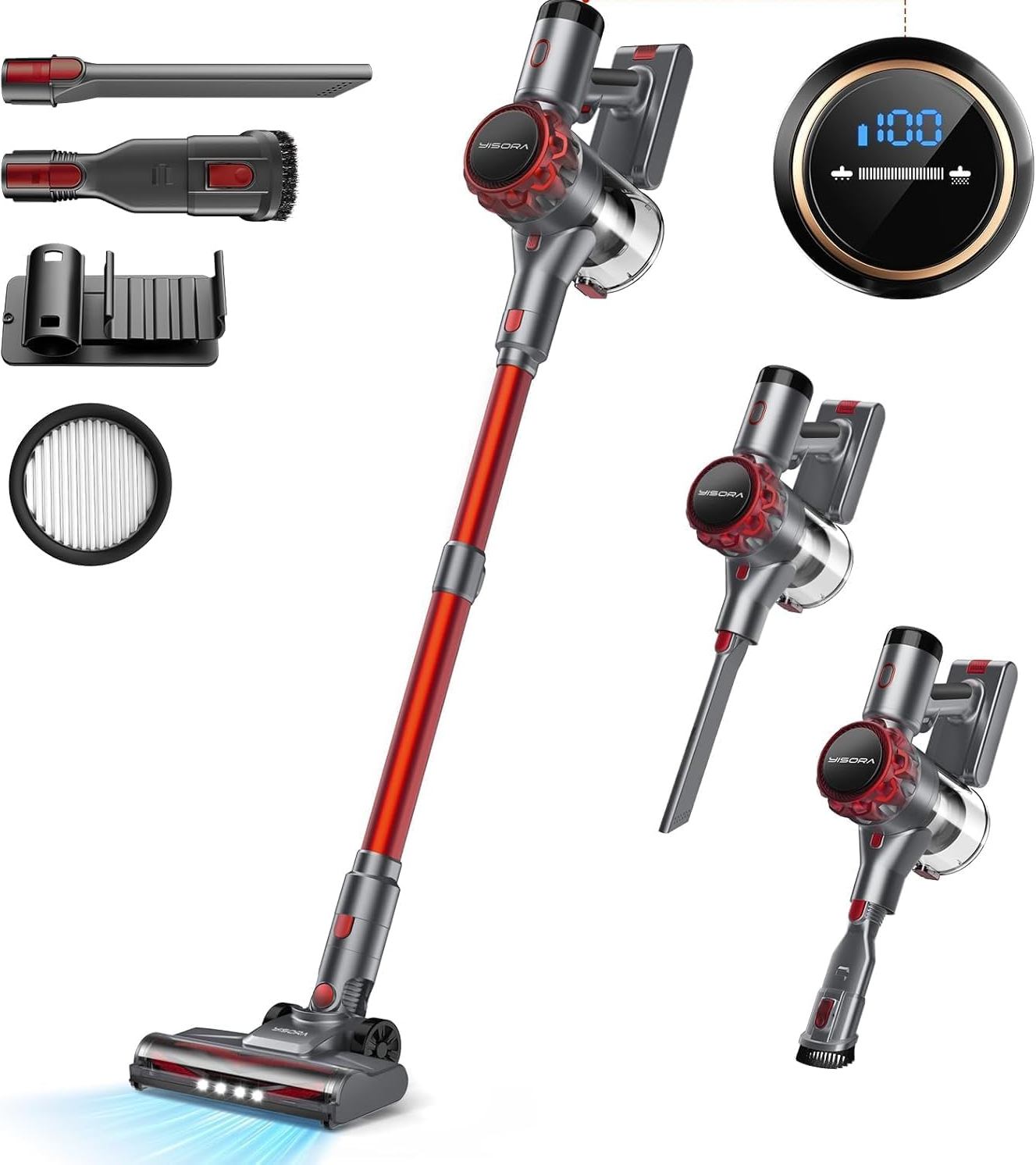 Akku-staubsauger 300 W Abs+pc Grau/rot, 40.000 Pa, 2 Geschwindigkeiten – Meubliv