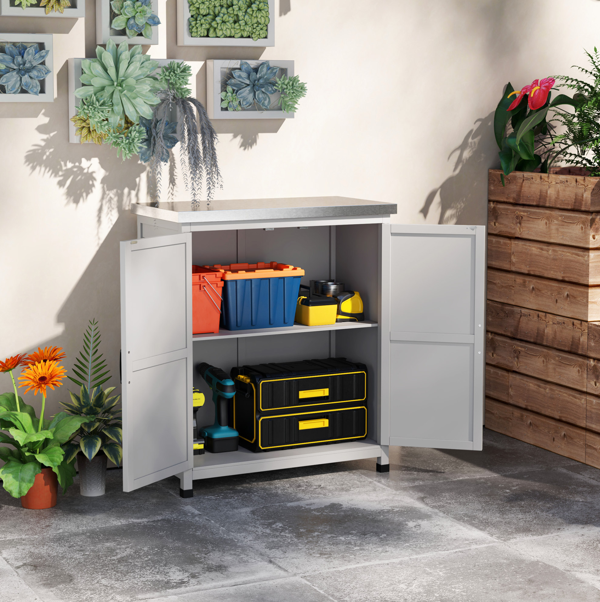 Gartenschrank 79 X 43 X 92 Cm Aus Grauem Holz Mit Arbeitsfläche – Meubliv