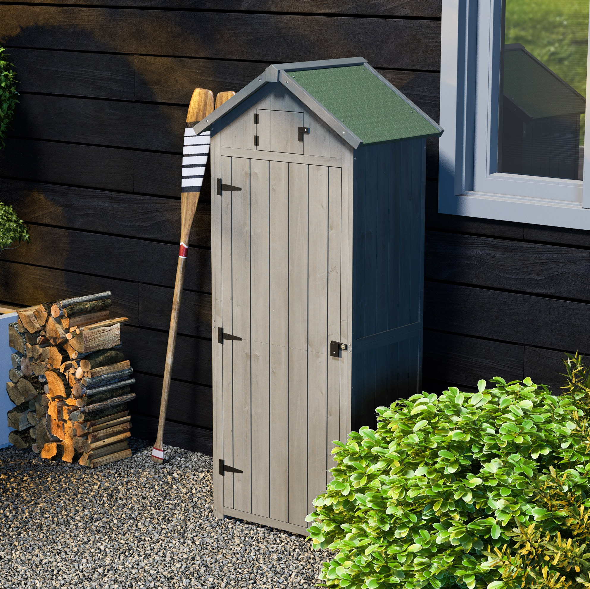 Gartenschrank 77x54,2x179 Cm Aus Holz In Grau Und Grün Mit Regalen Für Kleinen Garten – Meubliv