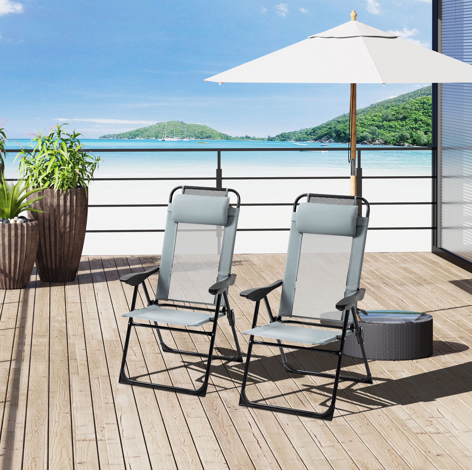 2 Klappbare Gartenstühle 62x70x109 Cm Aus Grauem Stahl, Rückenlehne Verstellbar – Meubliv