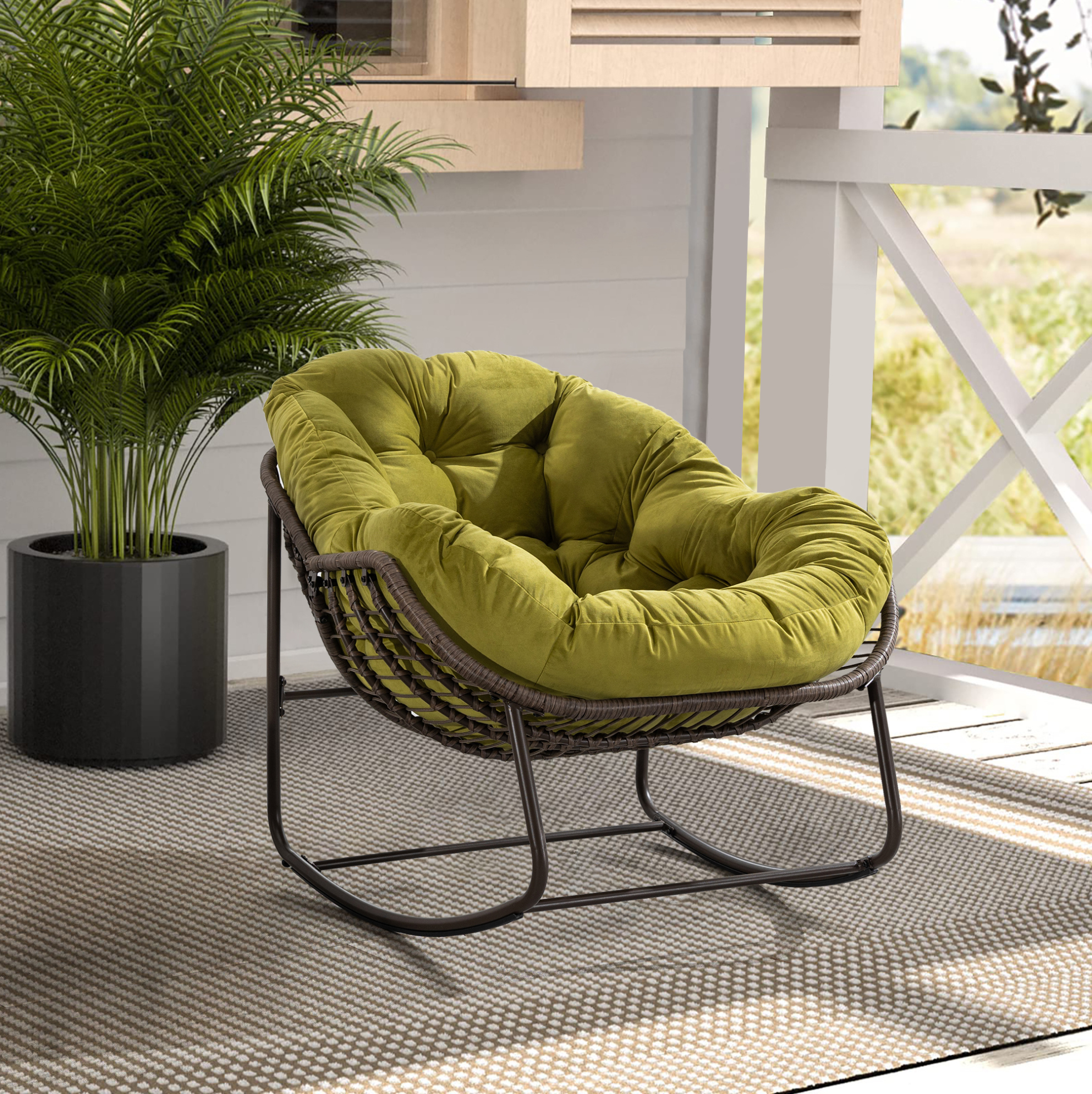 Fauteuil À Bascule D'Extérieur 78x106x90 Cm En Polyrattan Et Acier, Vert Olive, Stable Pour Terrasse
