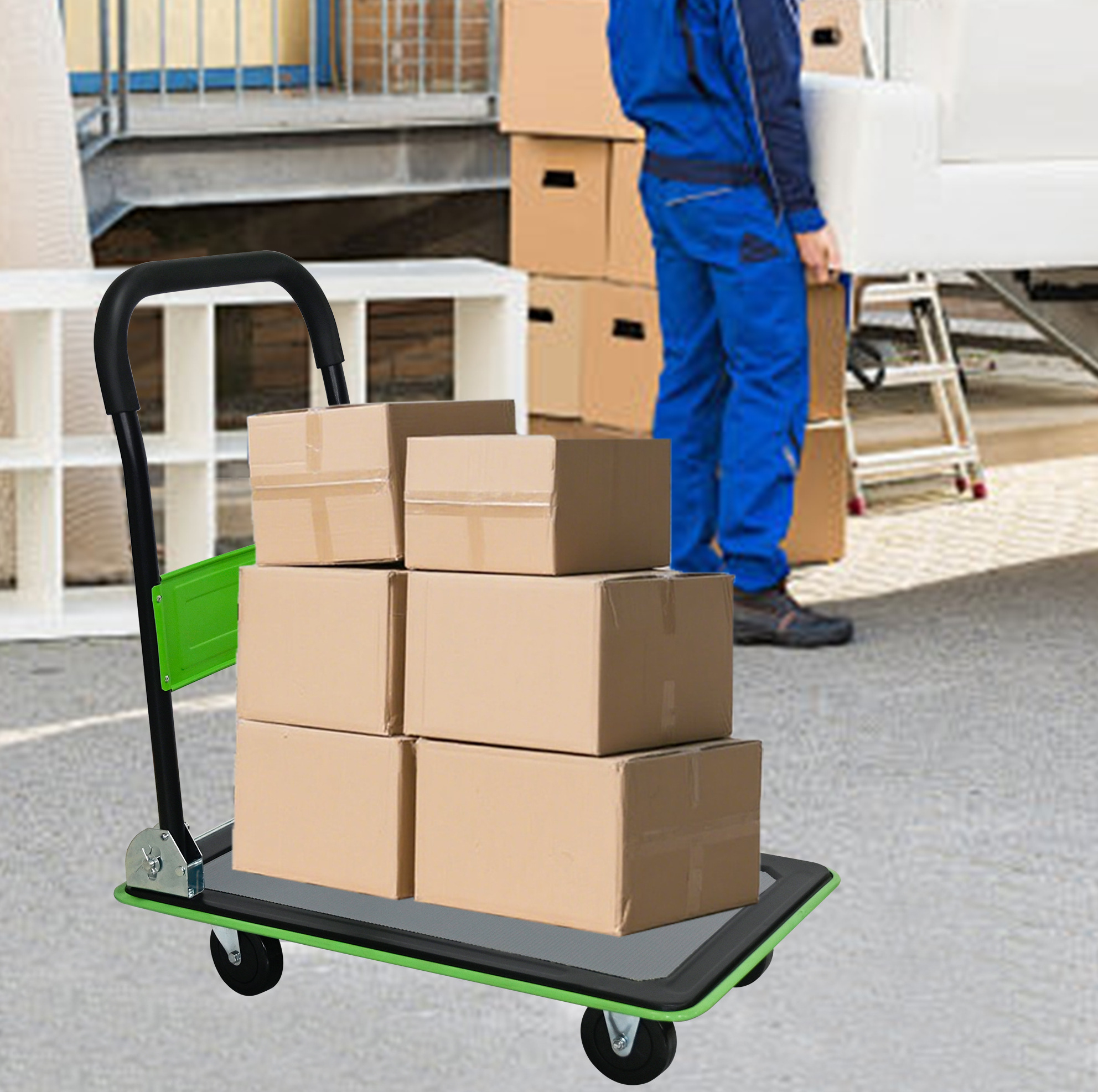 Klappbarer Plattformwagen 73x47x83 Cm Aus Grünem Stahl, 150 Kg, Platzsparend – Meubliv