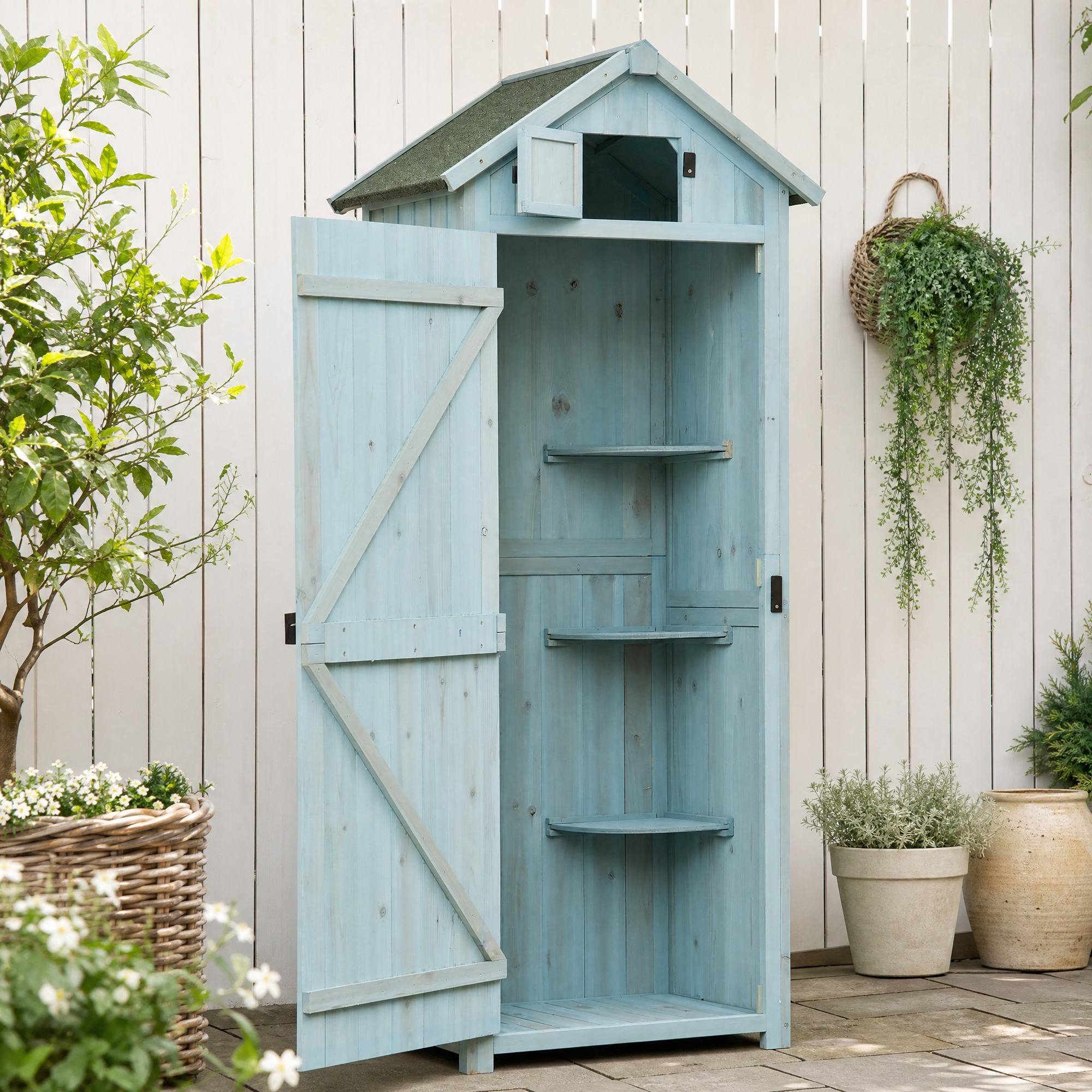 Gartenschrank 77 X 54,2 X 179 Cm Aus Holz In Hellblau Und Grün, Platzsparend – Meubliv
