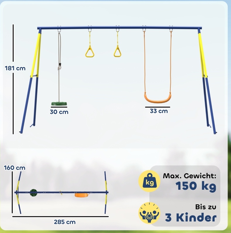 Kinder-schaukel 285x160x181 Cm Aus Stahl, Mehrfarbig, 3-in-1, Bis 150 Kg – Meubliv