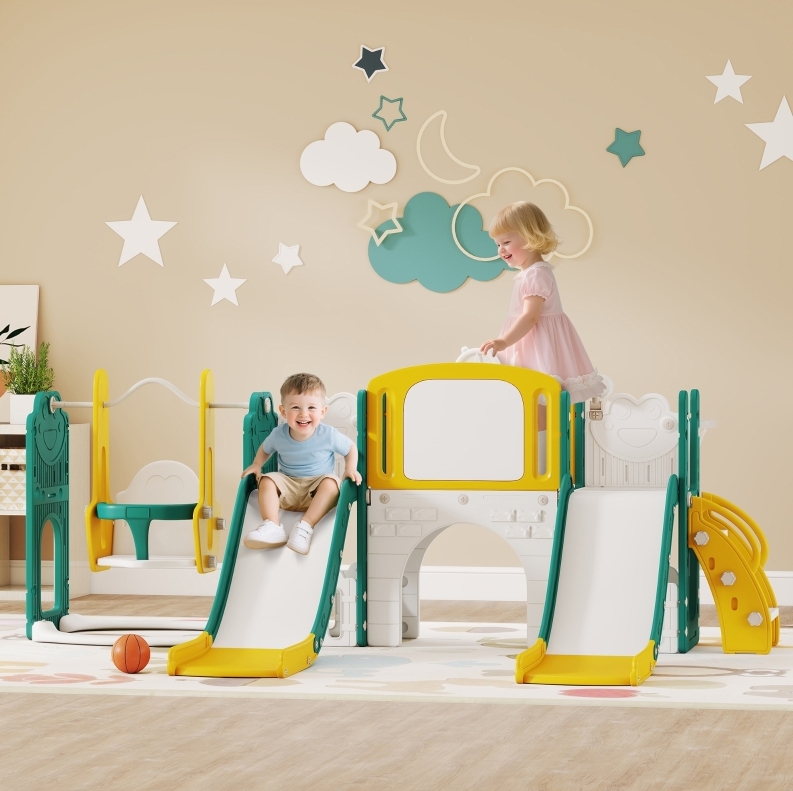 Kinder-rutsche Und -schaukel 250x150x94 Cm Aus Gelbem/grünem Hdpe, 9-in-1, Stabil – Meubliv