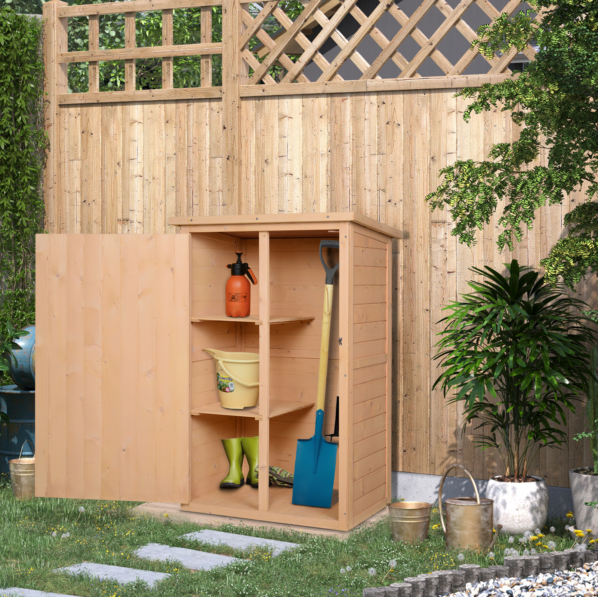 Gartenschrank 75x56x115 Cm Aus Naturholz Mit Regalböden, Platzsparend – Meubliv