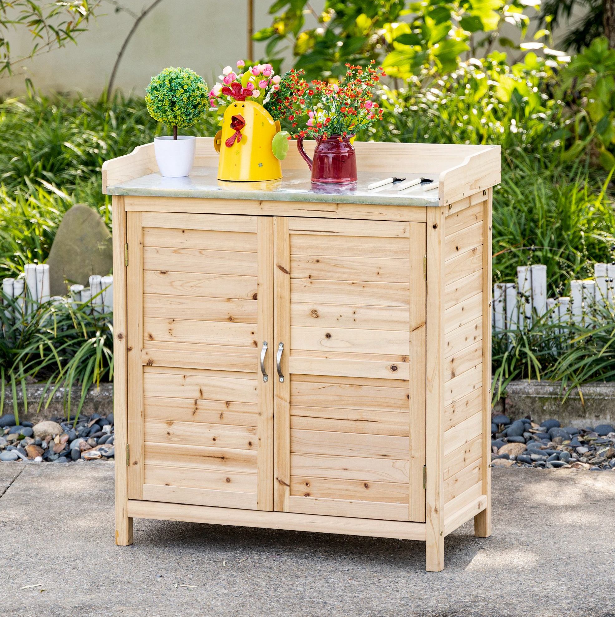 Gartenschrank 83x40x92 Cm Aus Naturholz, 2 Regale, Arbeitsplatte – Meubliv