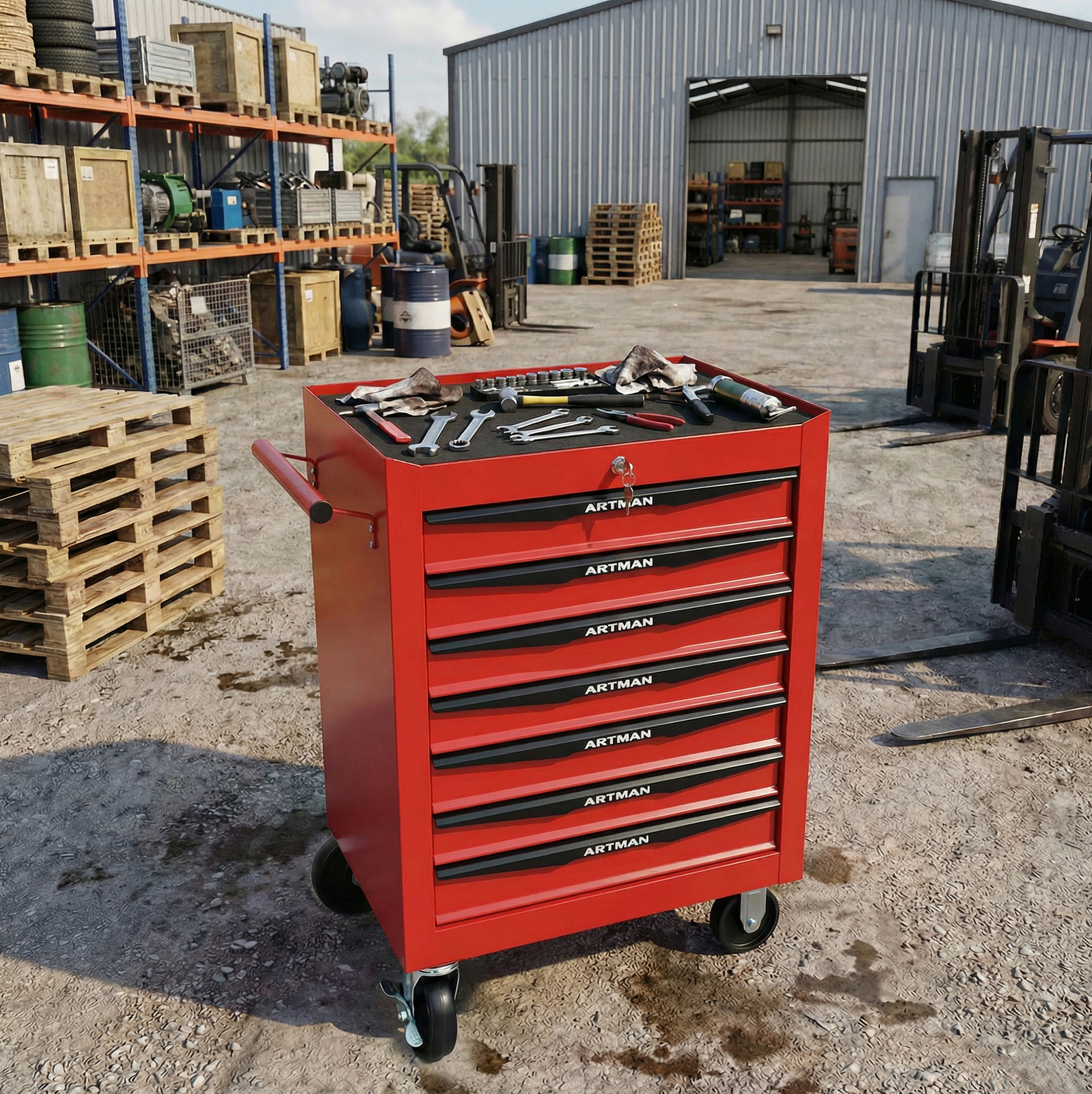 Chariot À Outils 60x33x77,5 Cm En Acier Rouge, 7 Tiroirs Verrouillables Pour Garage – Meubliv