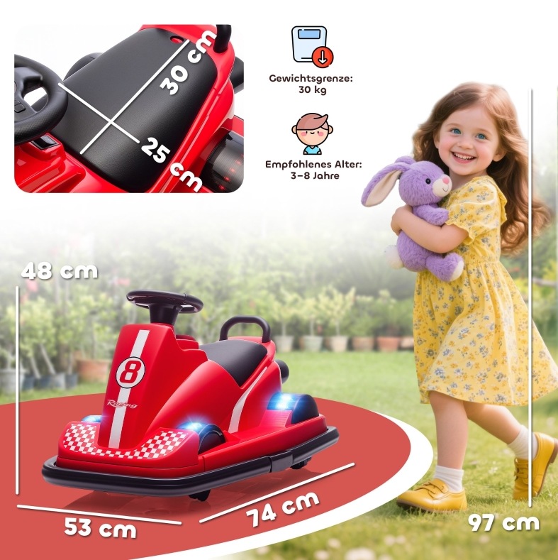 Kinder-autoscooter 74x53x48 Cm Aus Metall Rot, 360° Mit Led Und Musik, 3–8 Jahre – Meubliv