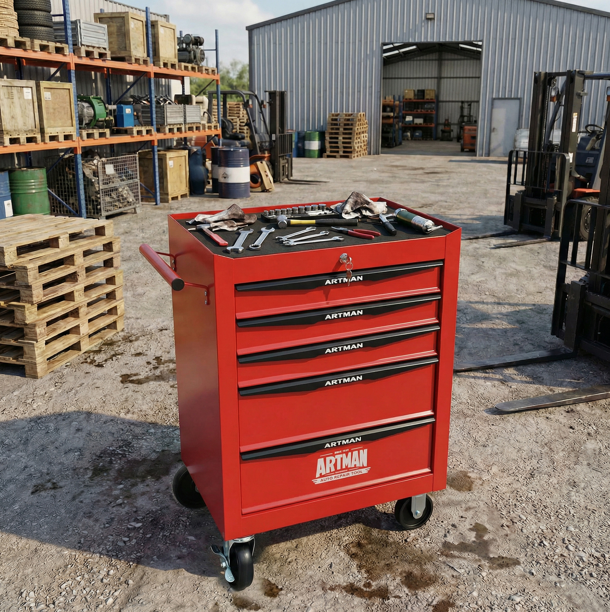 Fahrbarer Metall-werkzeugschrank Mit 5 Schubladen, 508 Mm (20 Zoll) Werkzeugschrank Mit 5 Schubladen Und Kugelgelagerten Schubladenführungen, Organisierende Stahl-werkzeugbox – Rot-schwarz
