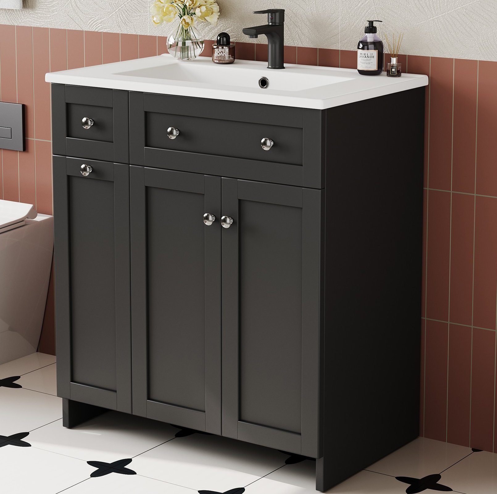 764786cm, Freistehender Badezimmerwaschtisch, Lackierte Oberfläche, Auslaufsicheres Keramikbecken, 3 Schubladen Und 1 Schrank, Geräuscharme Auszüge, Scharniere Mit Soft-close-funktion, Schwarz.