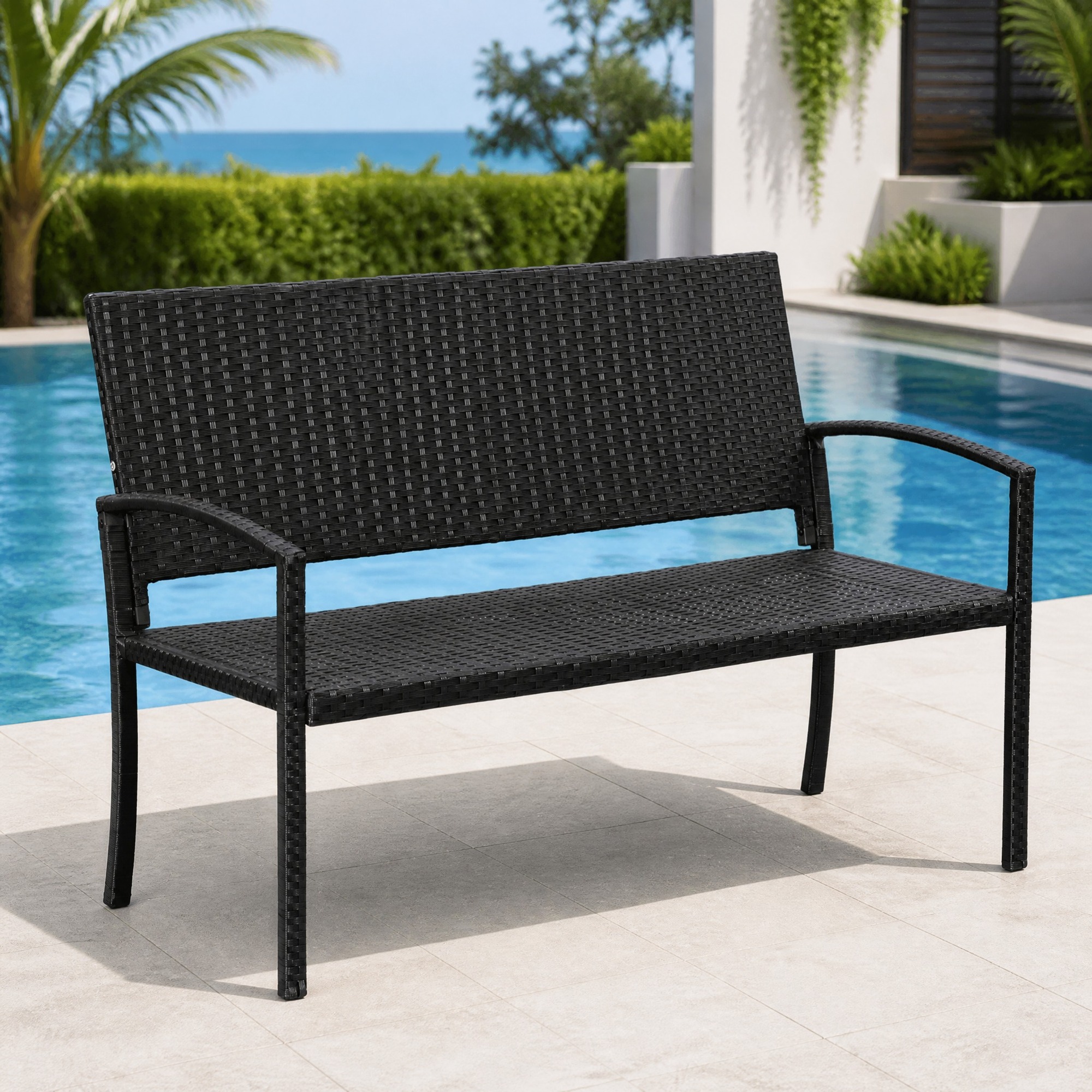 2-sitzer Gartenbank 122x60x85 Cm Aus Stahl Und Polyrattan, Schwarz, Für Terrasse – Meubliv