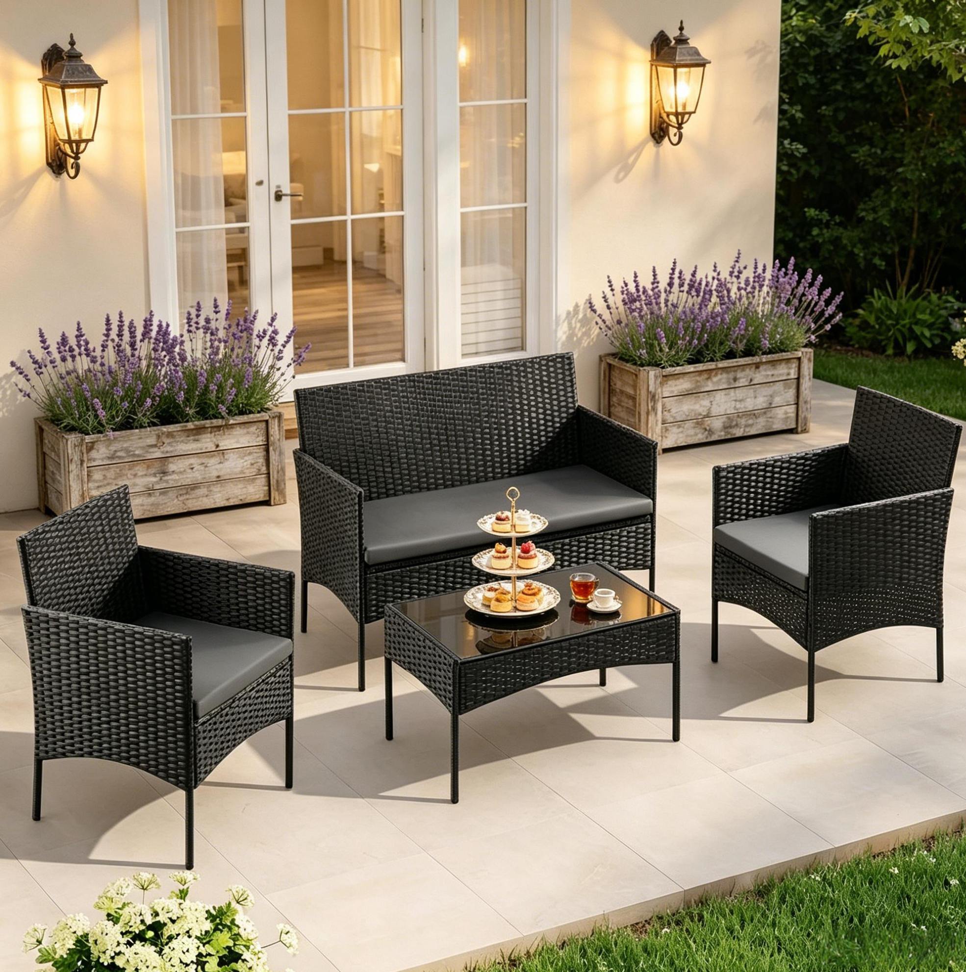 4-tlg. Gartenlounge 100x56x78 Cm Aus Pe-rattan Schwarz Mit Glastisch Für Balkon – Meubliv