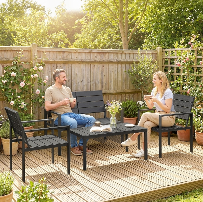 4-sitzer Gartenlounge 104x71x76,5 Cm Aus Metall Und Hdpe, Schwarz, Einfache Montage – Meubliv
