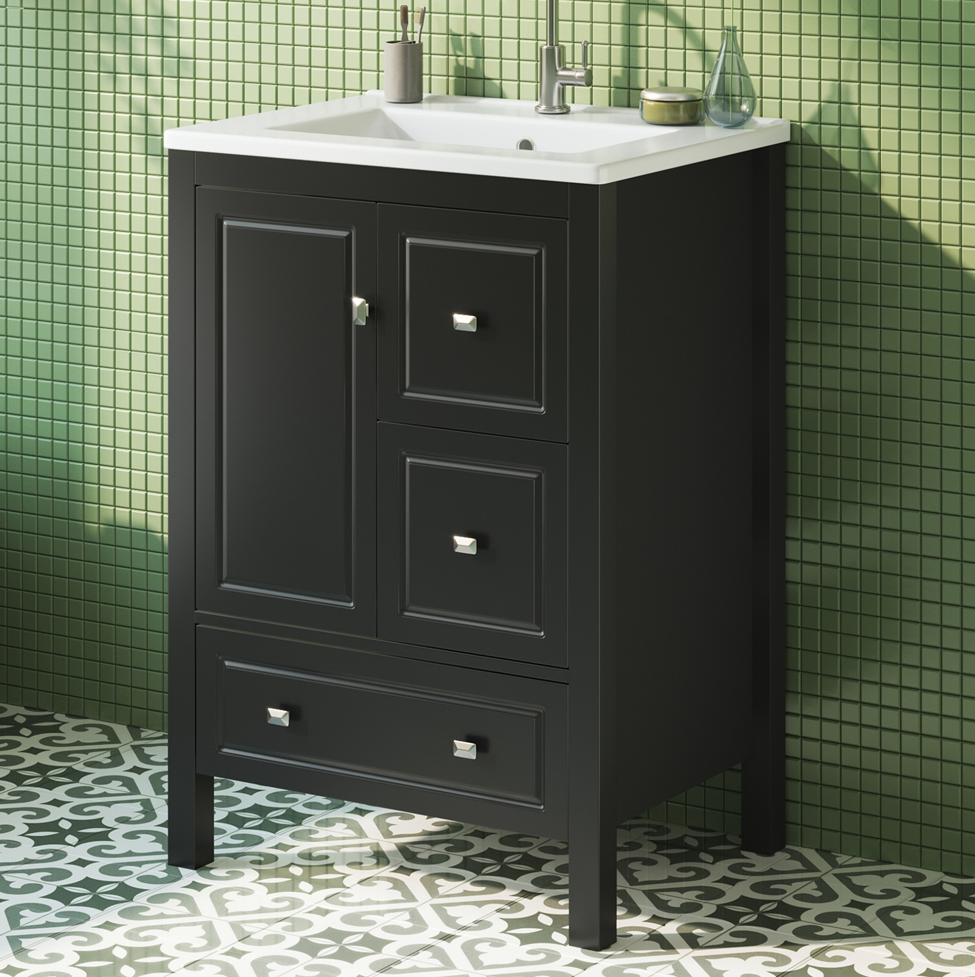 Waschtischunterschrank 62x47x90 Cm Aus Mdf Und Keramik, Schwarz, 3 Schubladen – Meubliv