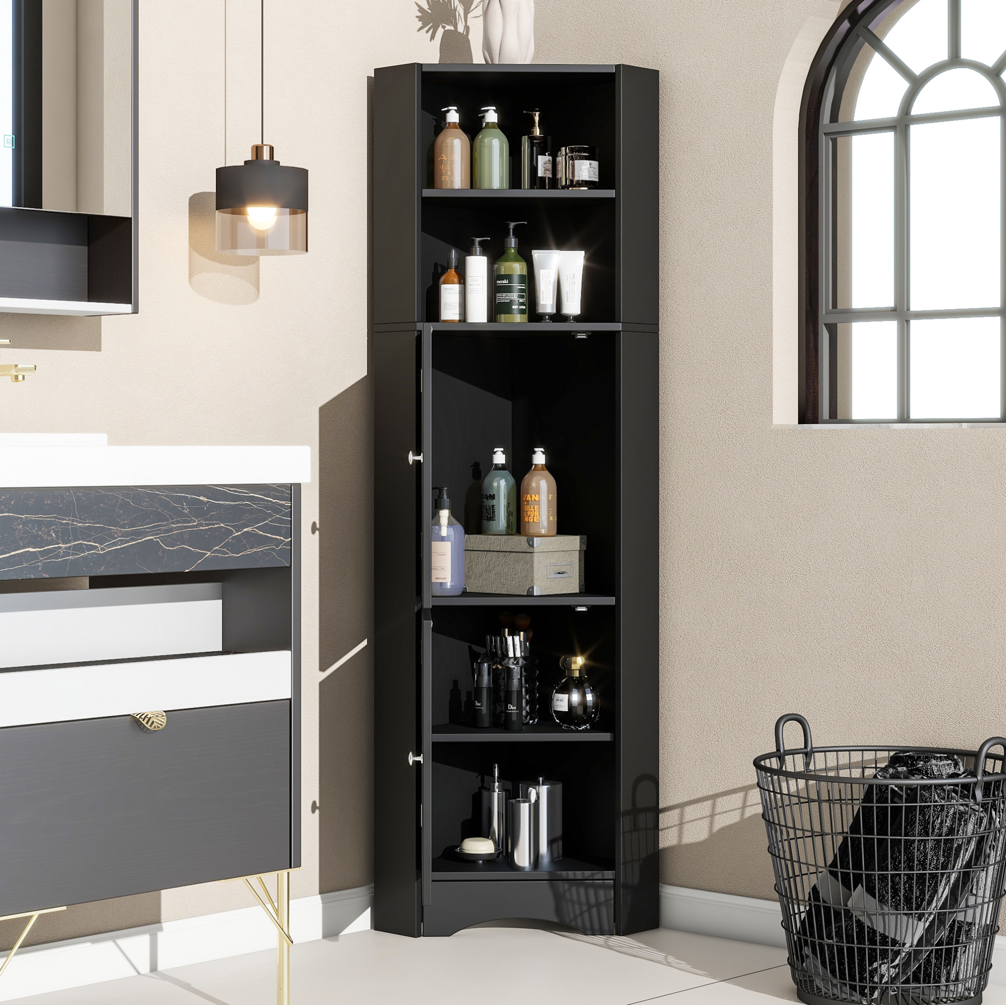 Badezimmer-eckschrank 36,5x36,5x155 Cm Aus Spanplatte Schwarz, Platzsparend – Meubliv