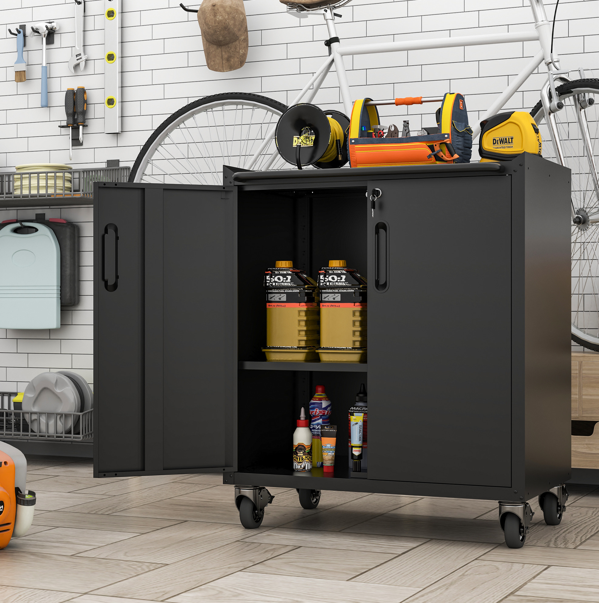Metall-aufbewahrungsschrank 75x42x88 Cm Schwarz Mit Rollen Und Schloss, Für Garage – Meubliv