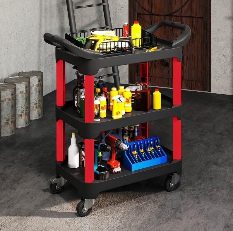 Werkstattwagen 81x43x96 Cm Aus Schwarzem Kunststoff Mit 3 Ebenen, Platzsparend – Meubliv