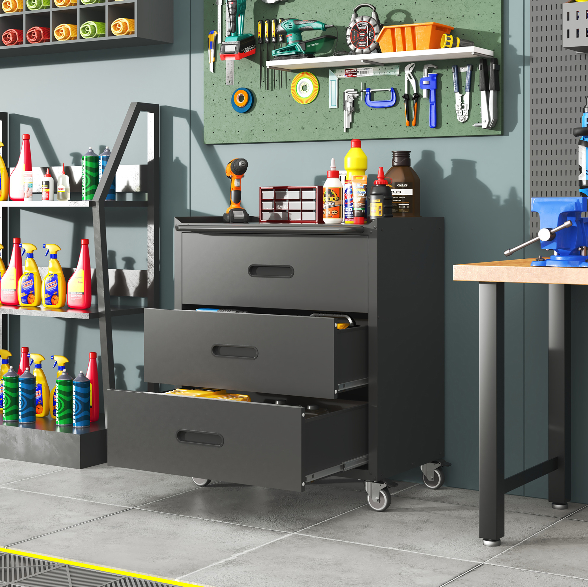 Werkzeugschrank Aus Metall 75x42x88 Cm Schwarz/grau Mit 3 Schubladen – Meubliv