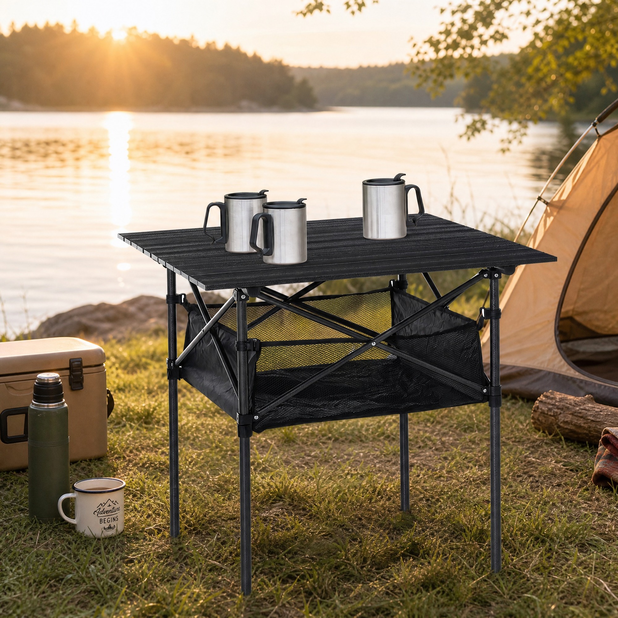 Klappbarer Campingtisch 70x70x69 Cm Aus Schwarzem Aluminium Mit Ablagenetz – Meubliv