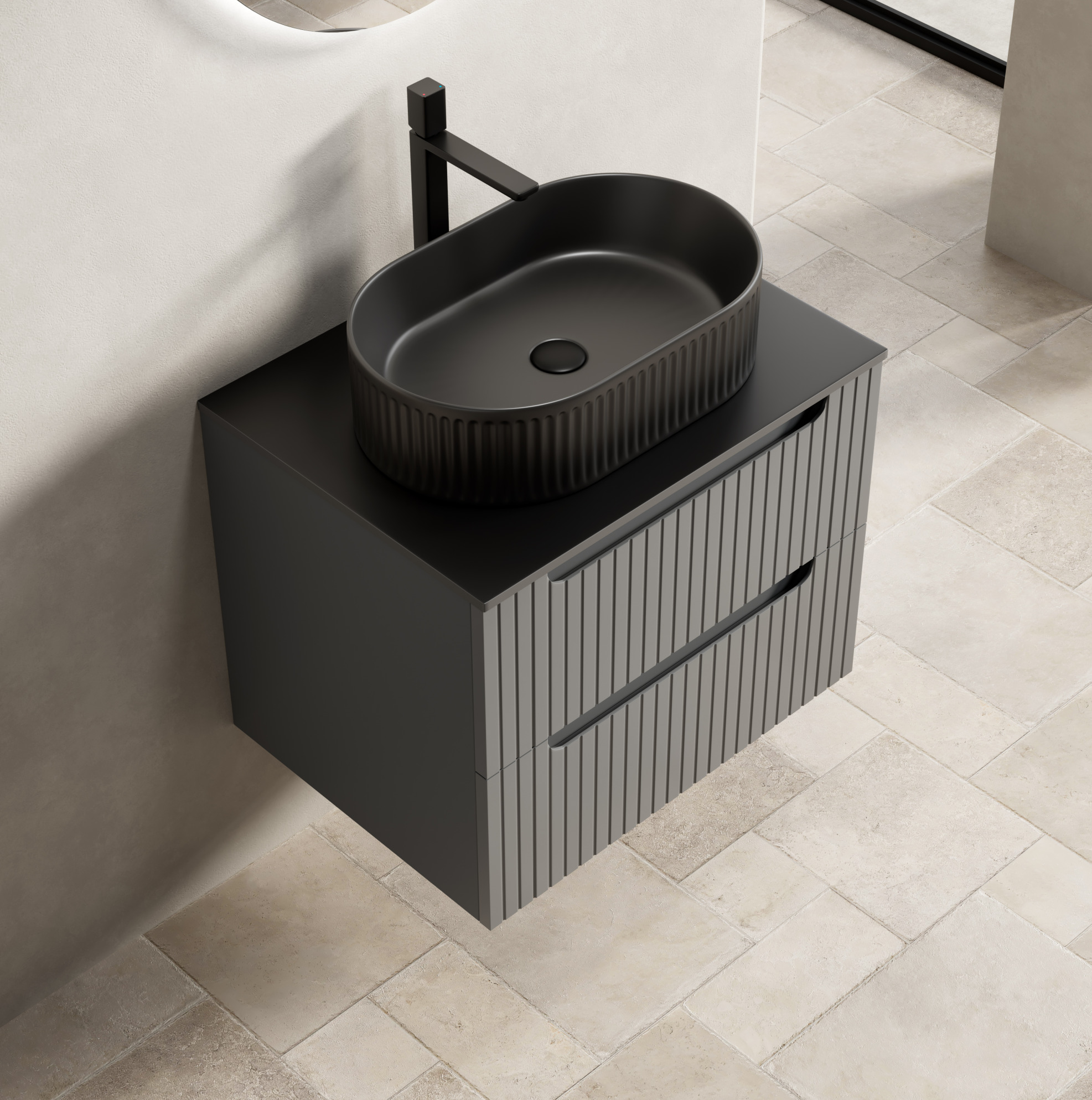 Hängender Waschtischunterschrank 60x46x48 Cm Schwarz Keramik, 2 Schubladen – Meubliv