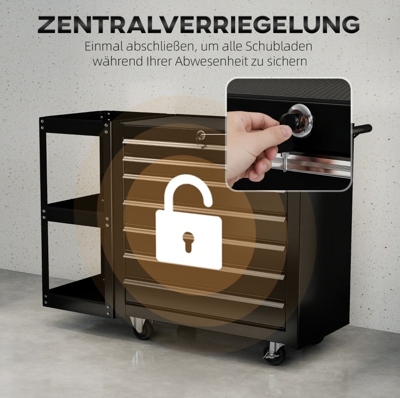 Werkstattwagen 96x33,5x75 Cm Aus Schwarzem Stahl, 7 Schubladen, Platzsparend – Meubliv