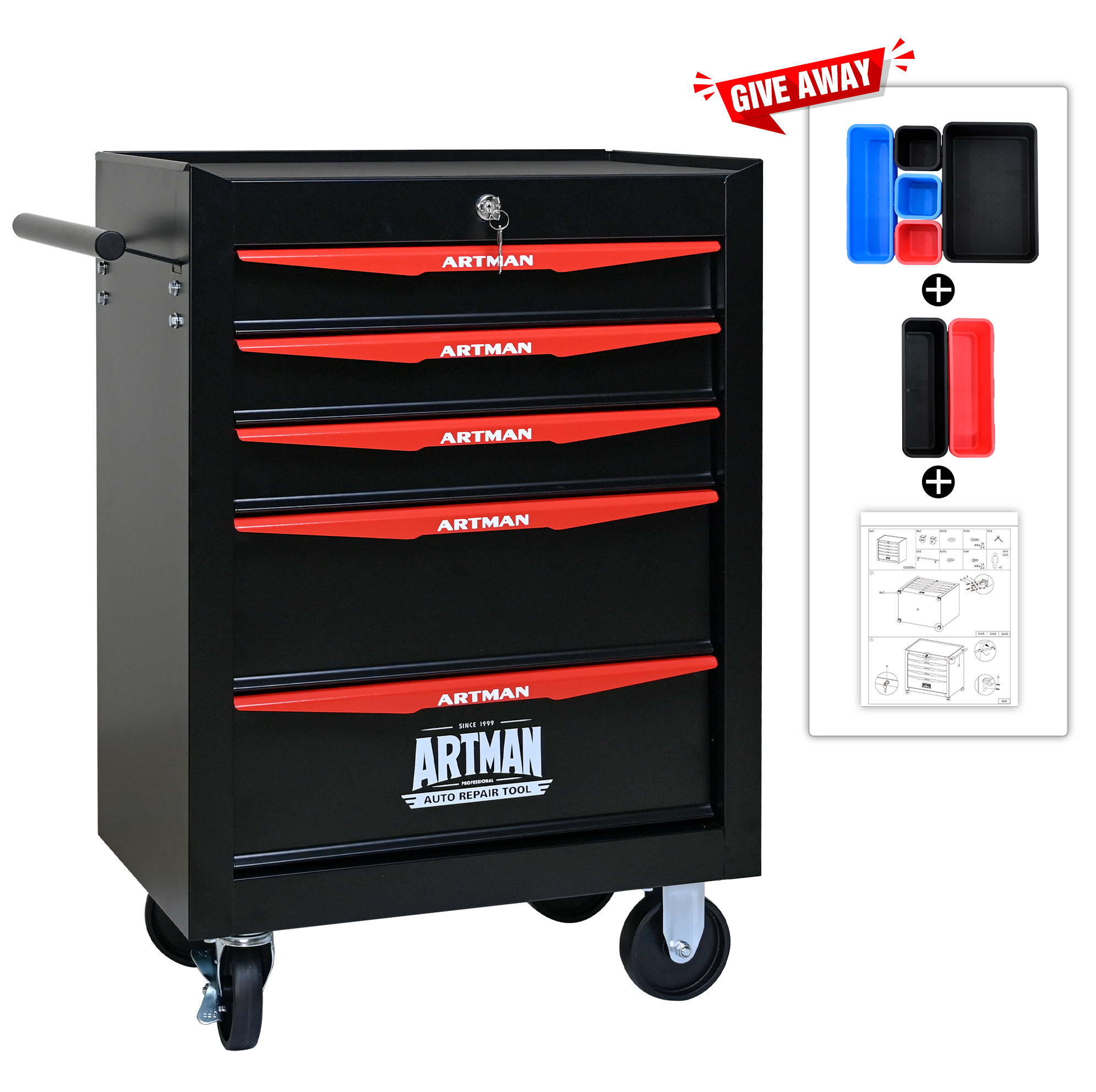 Mobiler Werkzeugwagen 52,5 × 33 × 77,5 Cm, Stahl, Schwarz/rot, 5 Schubladen – Meubliv