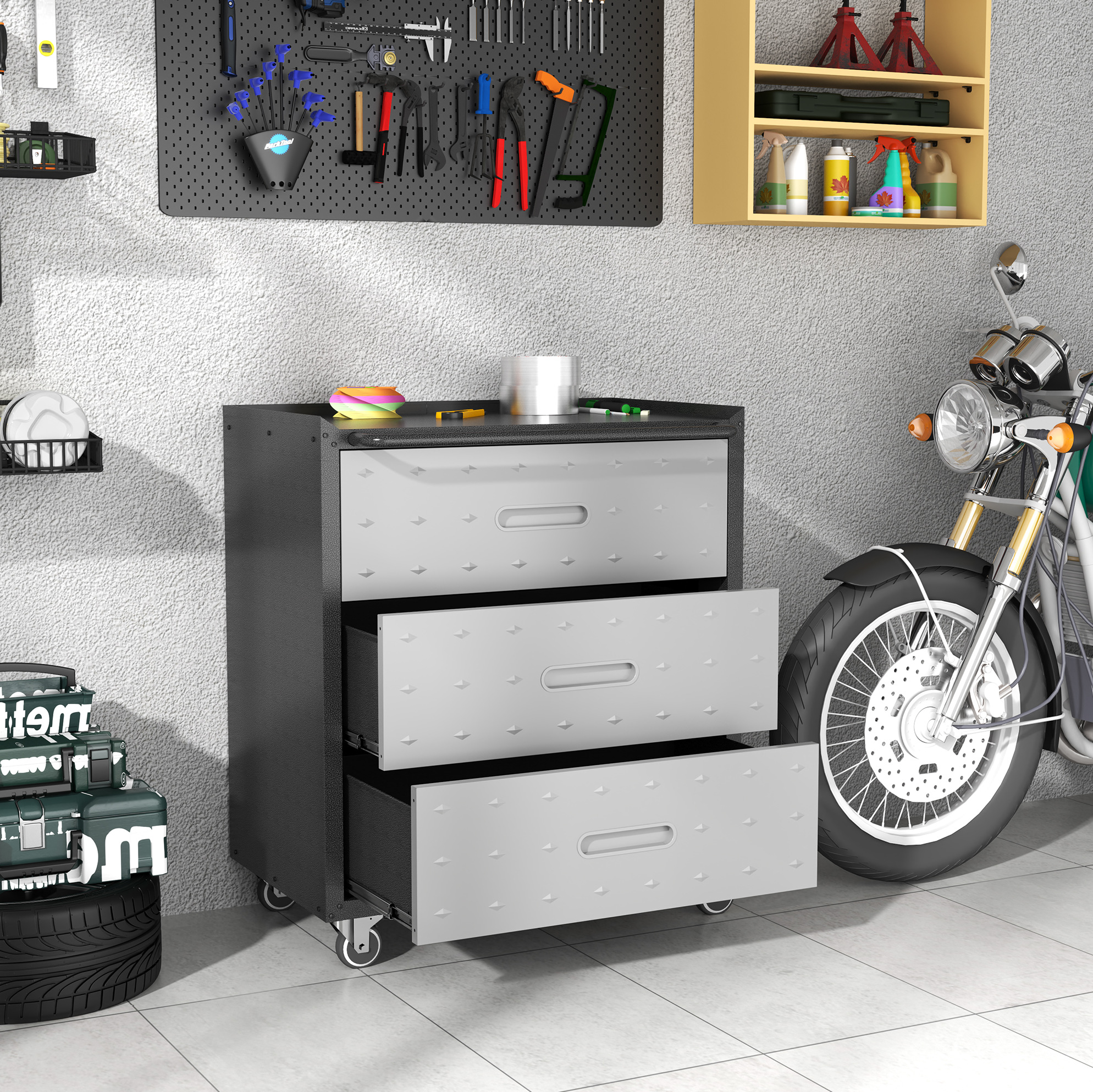 Werkzeugwagen 75x42x88 Cm Aus Metall Schwarz/grau Mit 3 Schubladen Auf Rollen – Meubliv