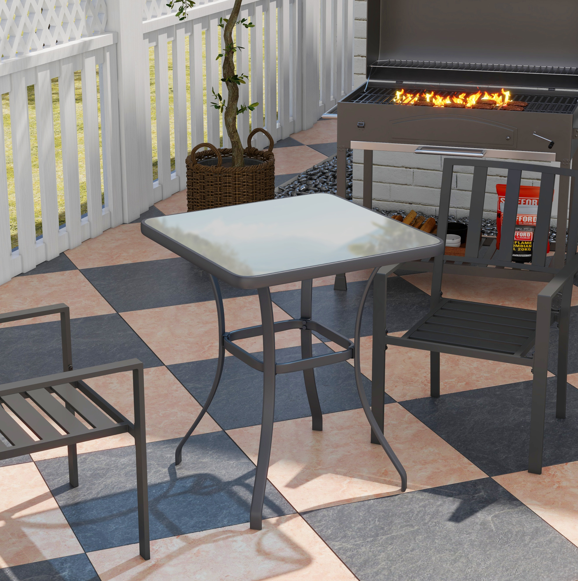 Quadratischer Gartentisch 68,5x68,5x84 Cm Metall Schwarz Hartglas Für Balkon Stabil – Meubliv