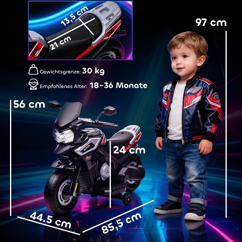 Elektromotorrad Für Kinder 85,5x44,5x56 Cm Aus Kunststoff, Schwarz Mit Stützrädern – Meubliv