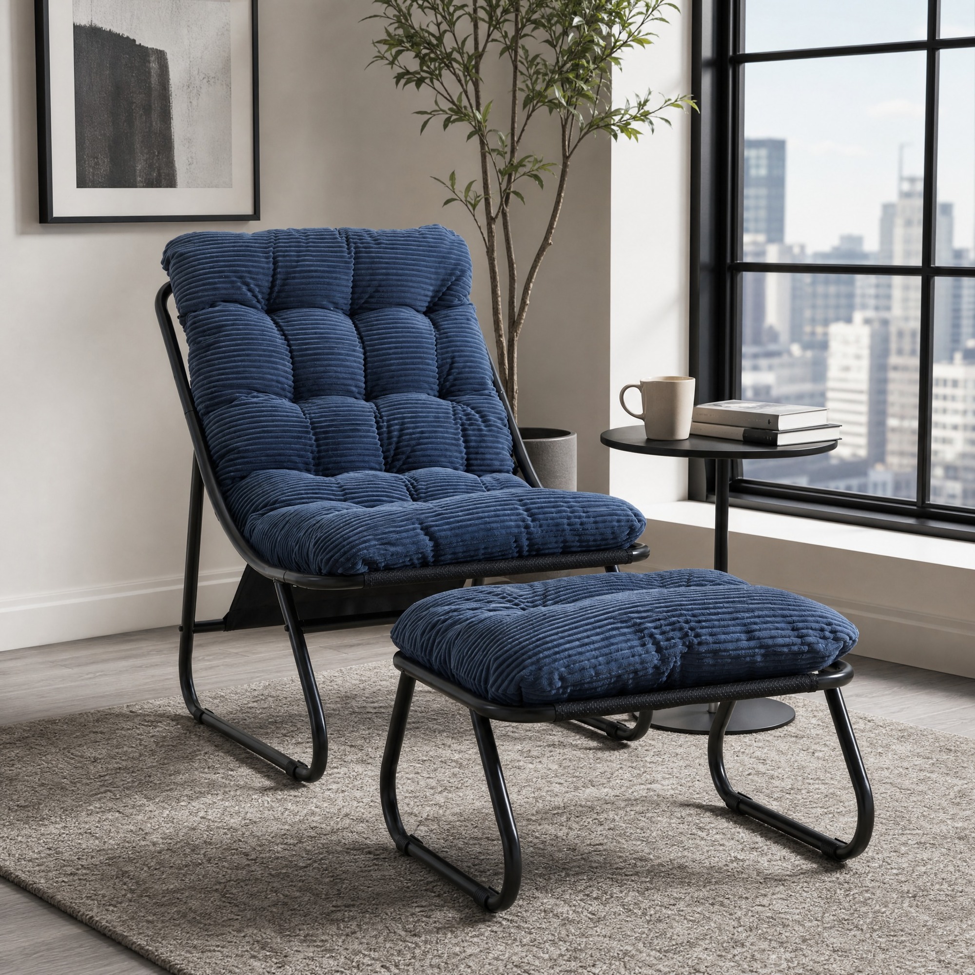 Outdoor-loungesessel 65x78x86 Cm Aus Schwarzem Stahl Mit Ottoman Für Wohnzimmer – Meubliv