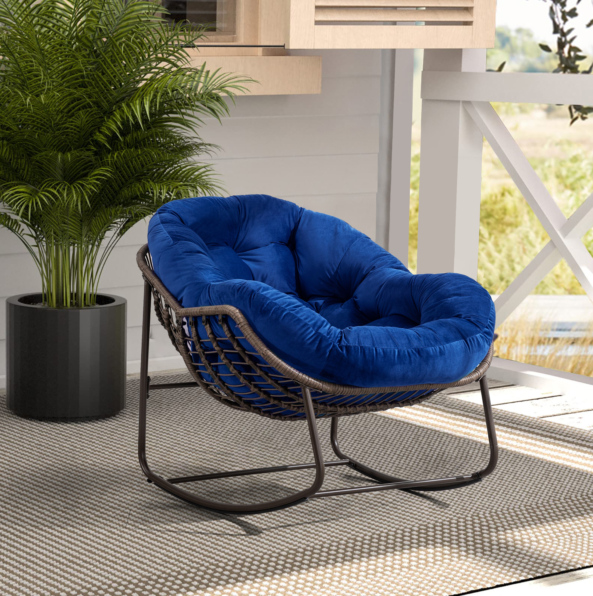 Schaukelstuhl 106x90x78 Cm Aus Geflochtenem Kunstharz Marineblau Für Terrasse – Meubliv