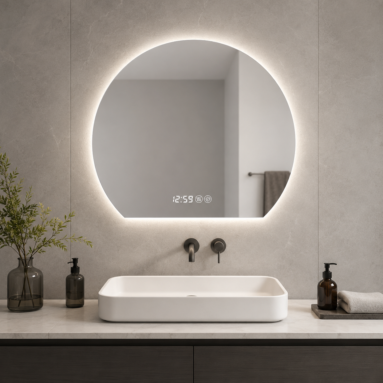 Runder Led-spiegel 80x72x2,5 Cm Aus Glas Und Silbernem Metall, Beschlagfrei – Meubliv