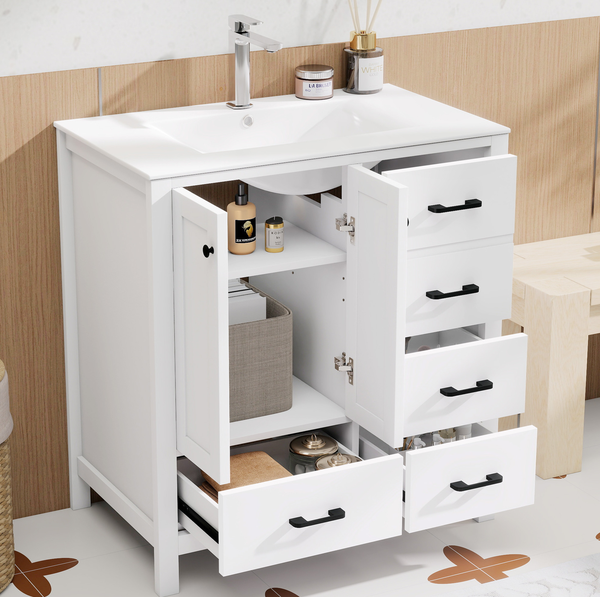764682 Cm, Freistehender Badezimmerwaschtisch, Komplett Lackiert, Mehrere Schubladen Zur Aufbewahrung, Verstellbare Regalböden, Integriertes Keramikwaschbecken, Weiß.