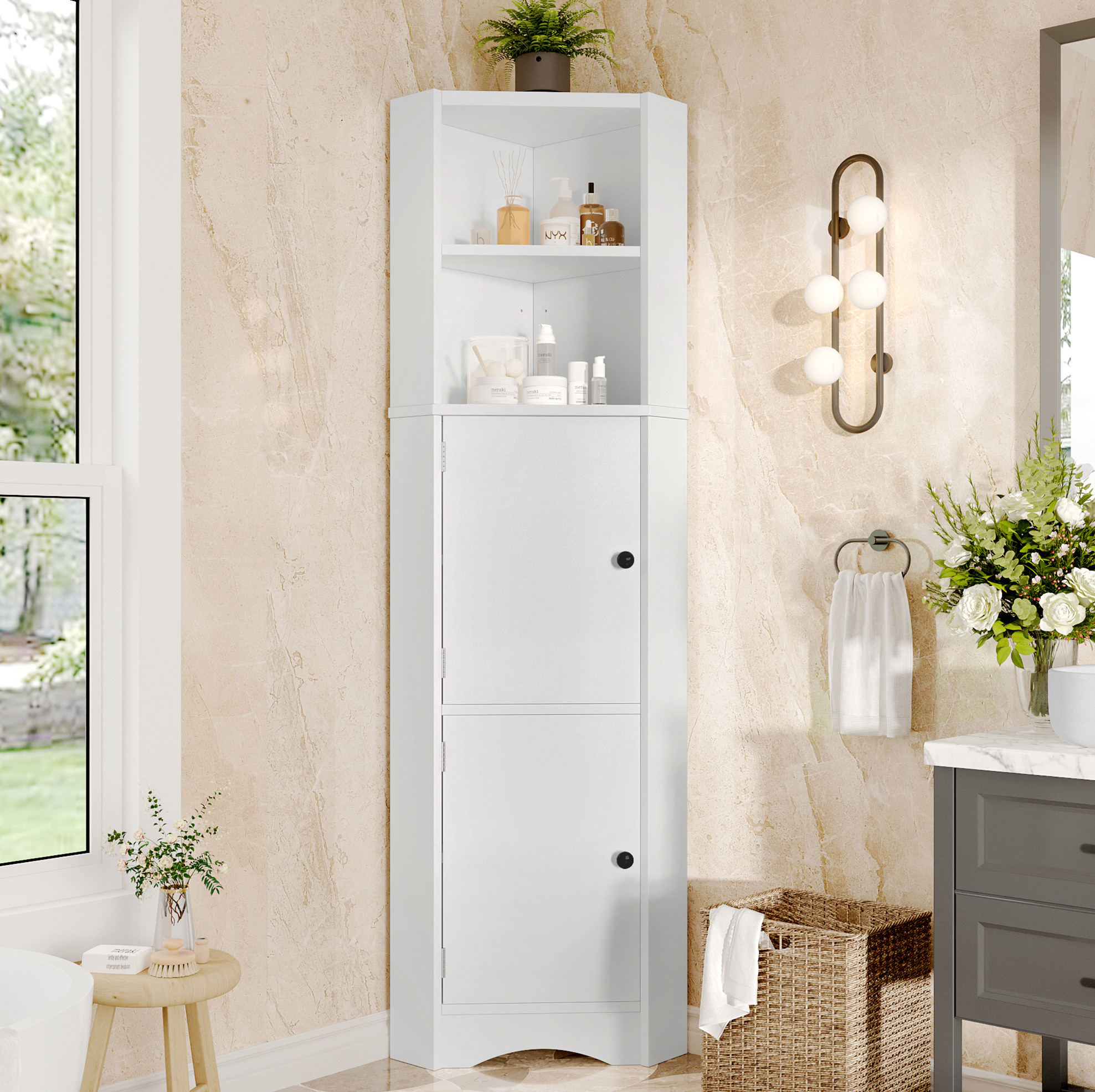 Badezimmer-hochschrank Eckregal 51,7x32x155,4 Cm Aus Mdf Weiß Platzsparend – Meubliv
