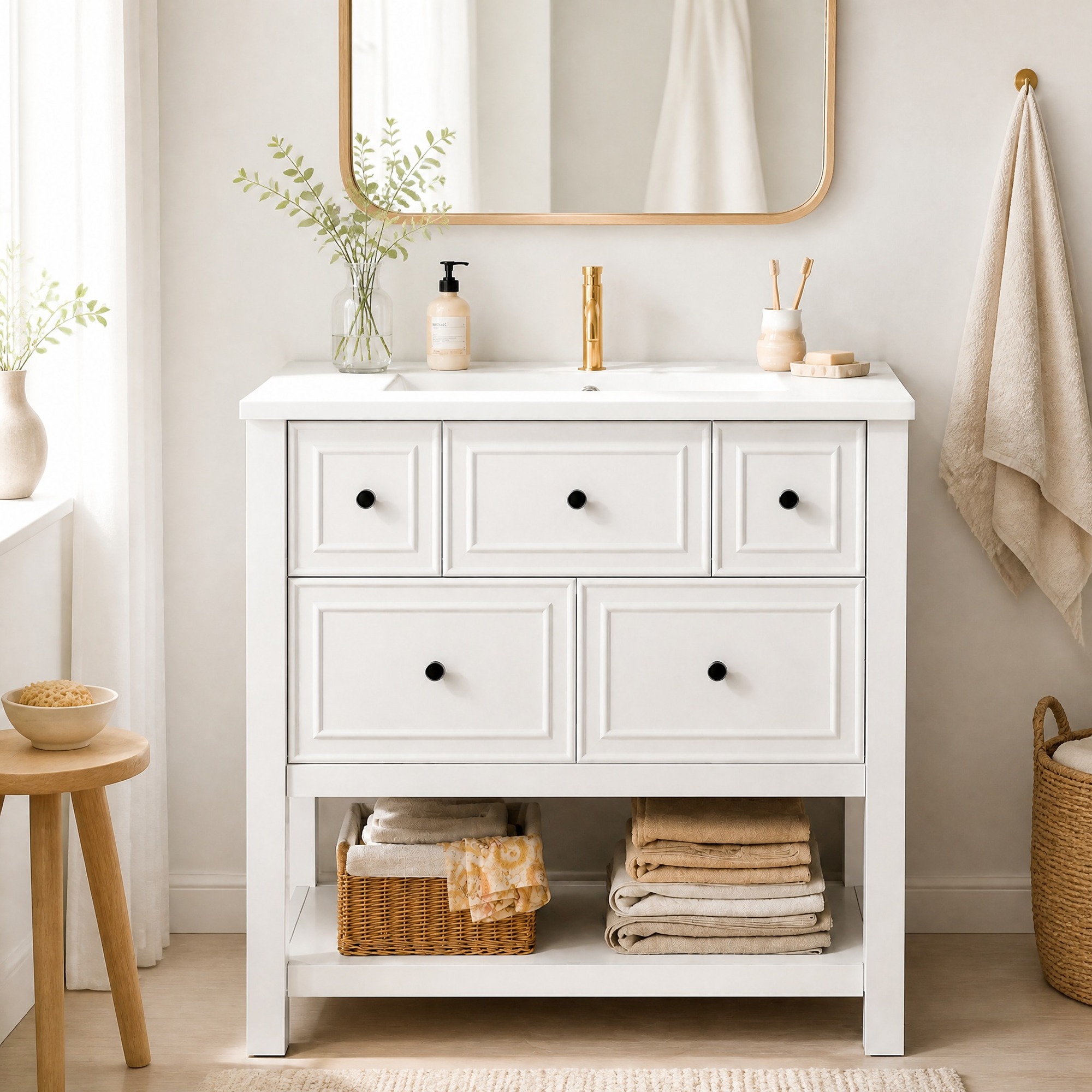 Waschtischunterschrank 76x46,5x82 Cm Aus Mdf Und Keramik, Weiß, Mit 5 Schubladen – Meubliv